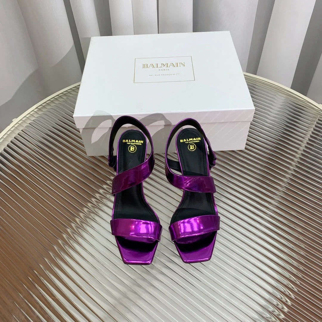 BALMAIN 25S HIGH HEEL SANDALS 95MM IN ROYAL PURPLE GLOSSY CALFSKIN