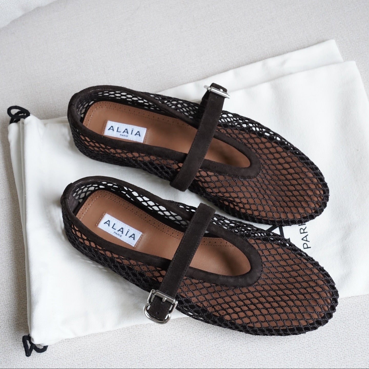 Alaia 26s Mesh Flats In Brown Suede