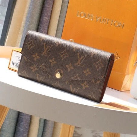 LV 2025 Sarah Folding Long Wallet Brown Canvas Leather