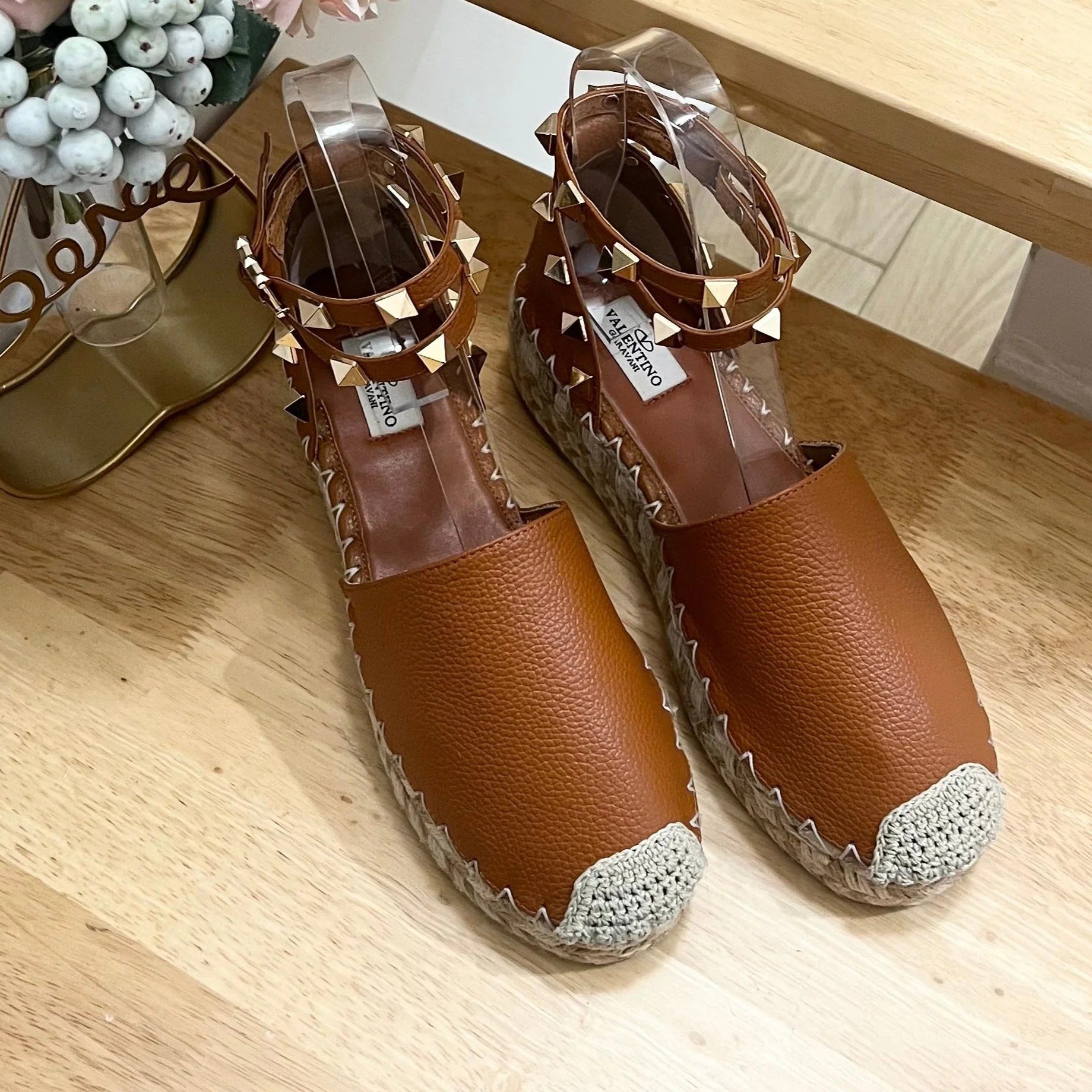 BRONZE BROWN LEATHER ROCKSTUD ESPADRILLES ANKLE STRAP FLATS
