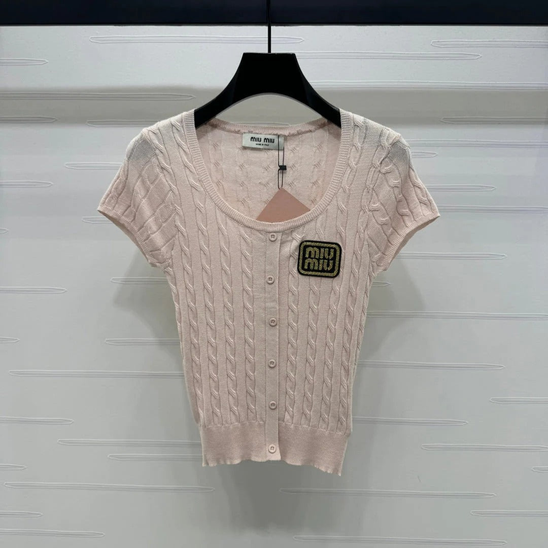 MIUMIU U-NECK KNITTED SHORT-SLEEVE TOP PINK 274947