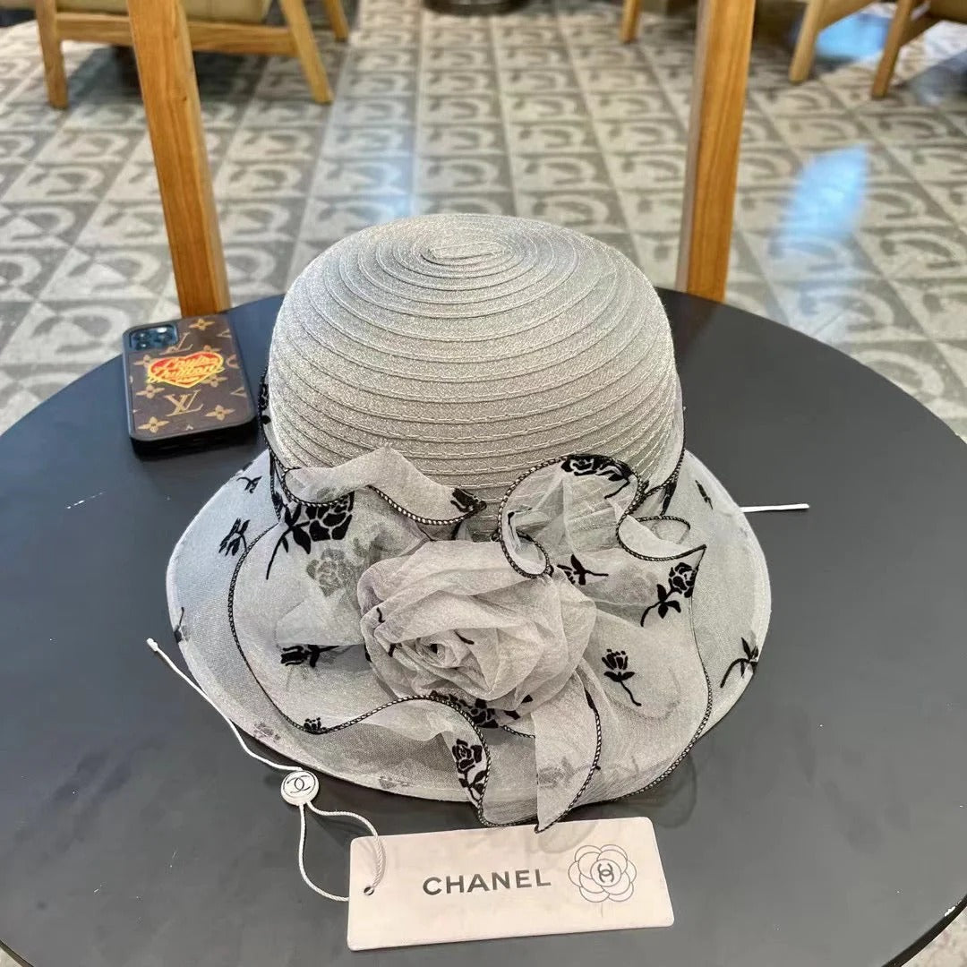 STRAW HAT WITH CHIFFON FLOWER VINTAGE GRAY 672759