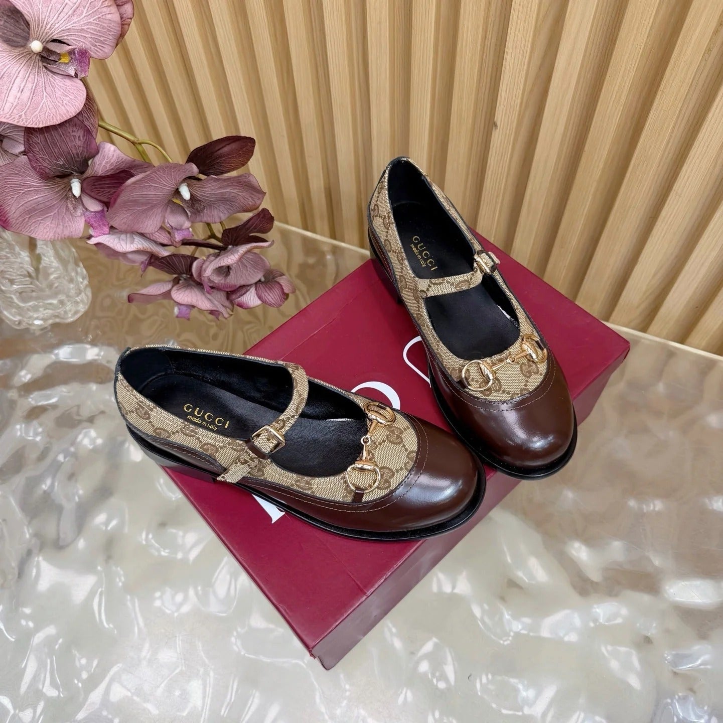 GG 26 Slip-on Brown Beige Sheepskin Double G Denim 589460