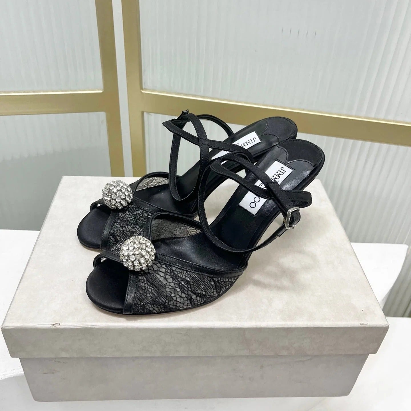 Jimmy 26s Peep-Toe High Heels 85 Black Lace Sheepskin 605973