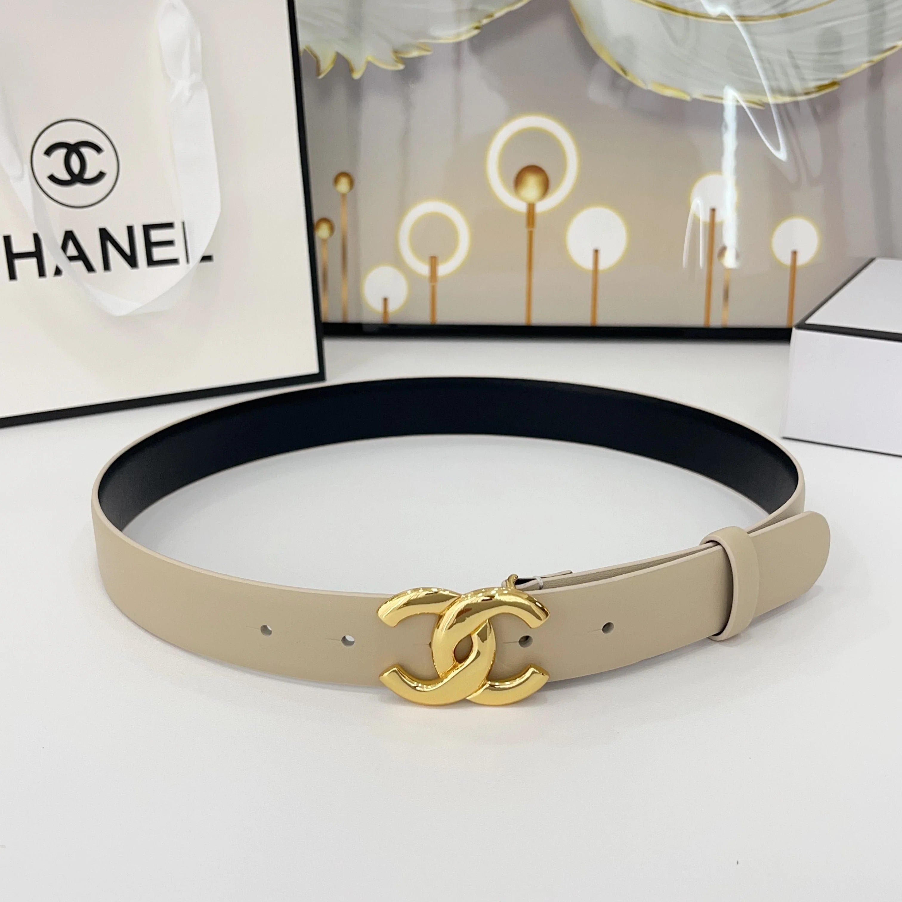 DOUBLE C BELT 30MM IN BEIGE CALFSKIN WITH SHINY GOLD BUCKLE