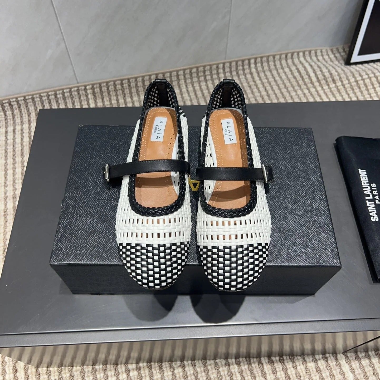 Alaia Mary Jane Flats Woven Pattern 25s In White Mix Black Calfskin