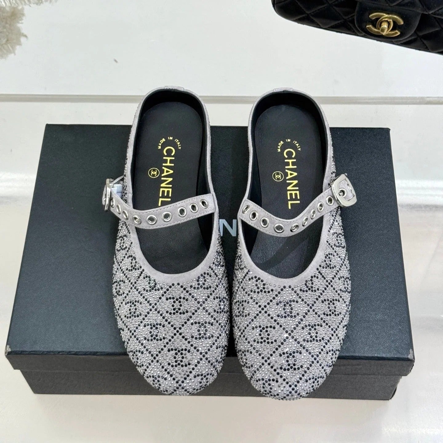 CC Flat Mules 25ss In Grey Embellished With Rhinestones