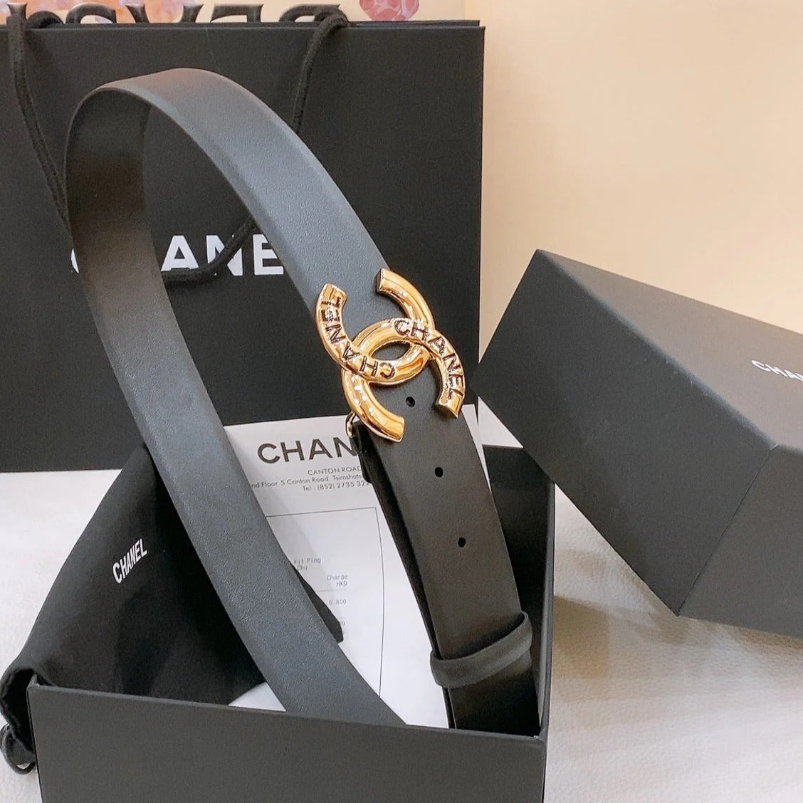 DOUBLE C BELT 40MM IN BLACK CALFSKIN GOLD BUCKLE EMBOSSED BLACK LOGO