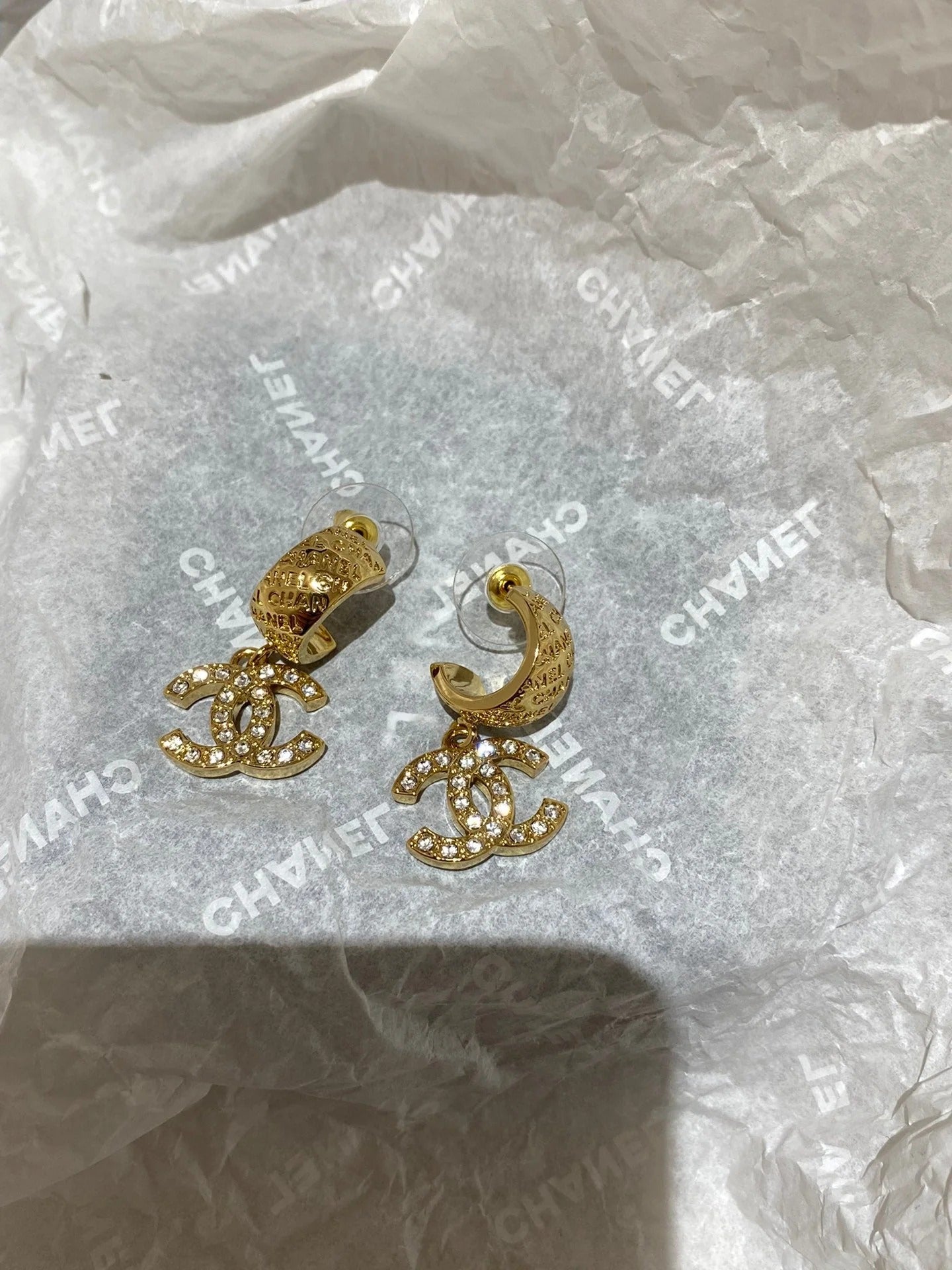CC Letter Hook Gold Diamond Earrings