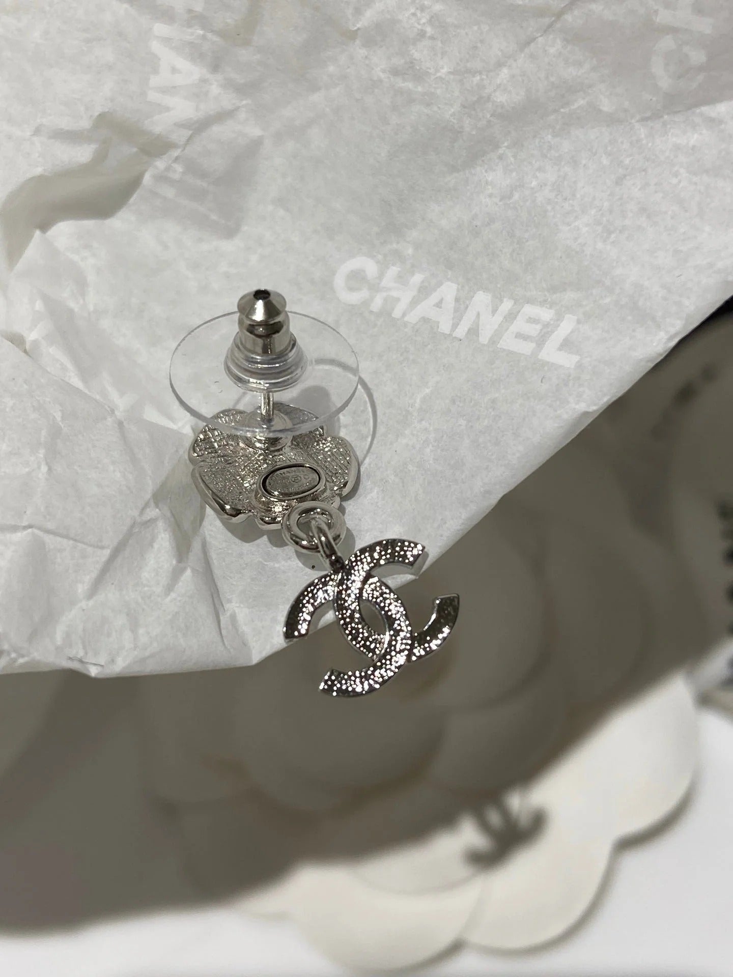 CC Flower Pendant Silver Black Diamond Earrings