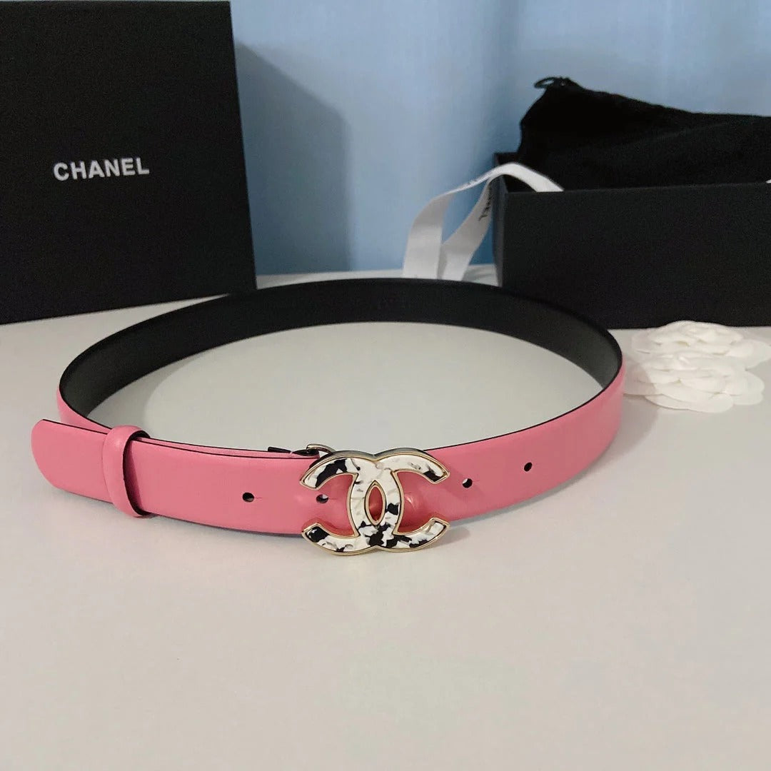 CC Women's Belt 3.0CM Pink Calfskin White Black Buckle 597642