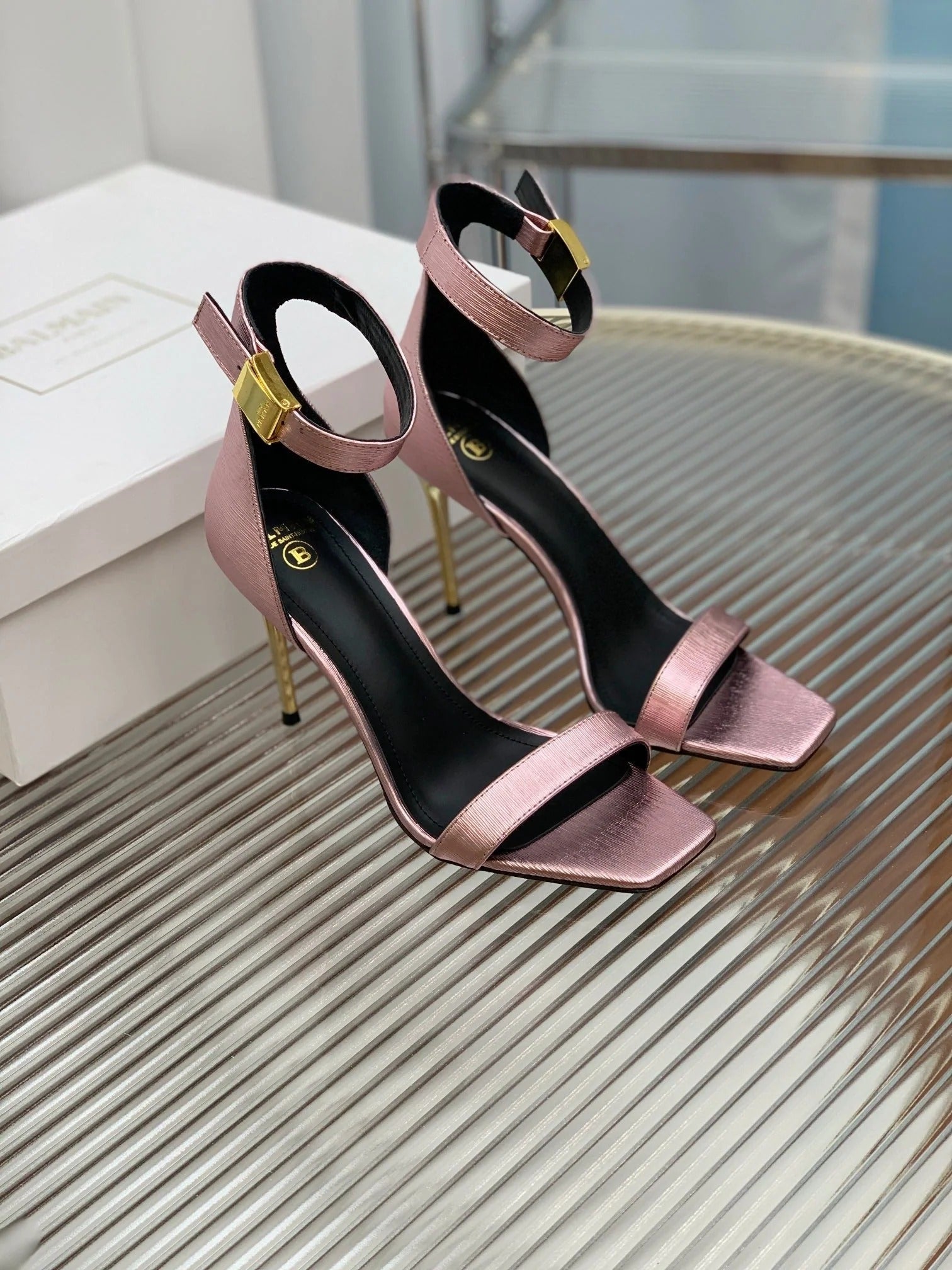 BALMAIN 25S METAL BUCKLE HIGH HEELS 95MM IN IRIDESCENT PURPLE CALFSKIN