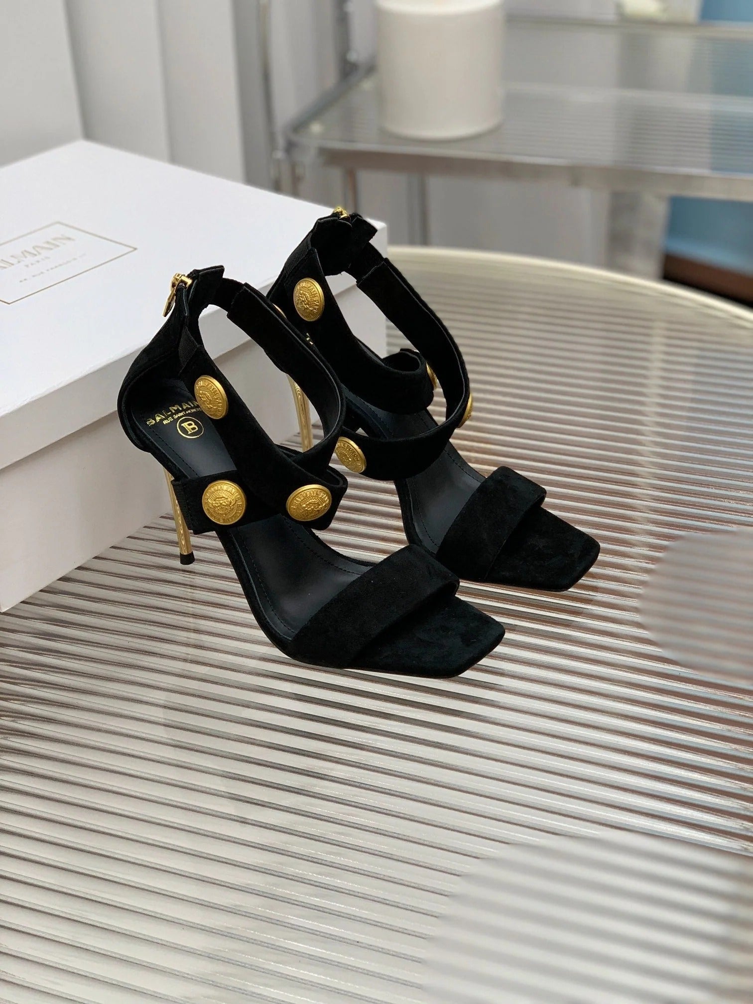 BALMAIN 25S CROSSOVER STRAP HIGH HEELS 95MM IN BLACK SUEDE