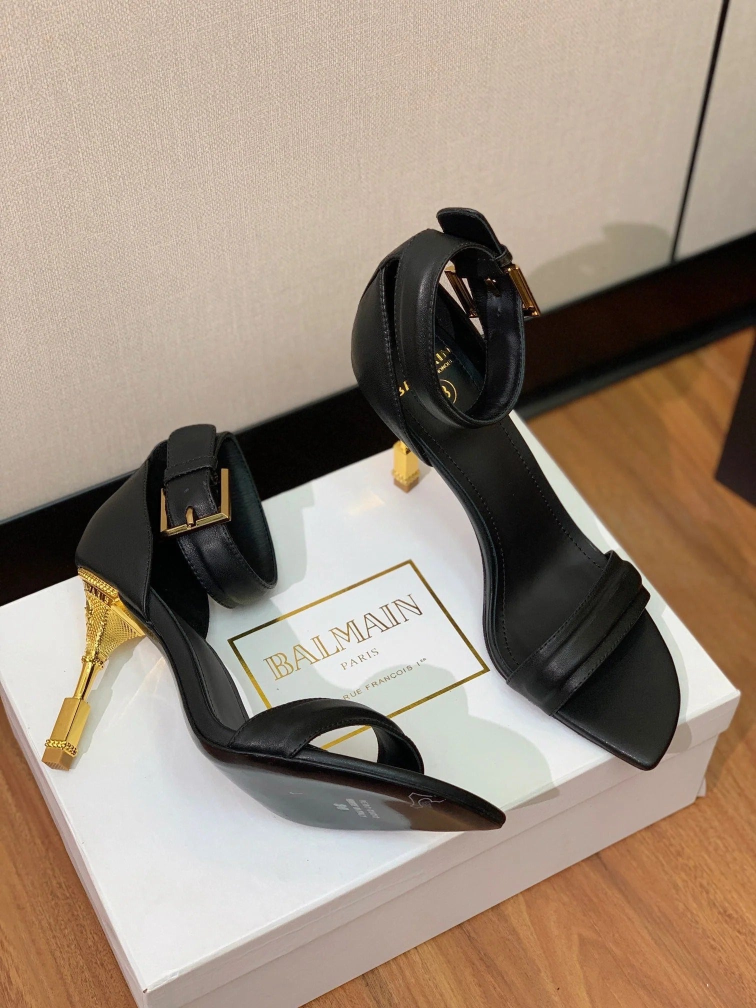 BALMAIN 25S SQUARE STRAP HIGH HEELS 100MM IN BLACK CALFSKIN