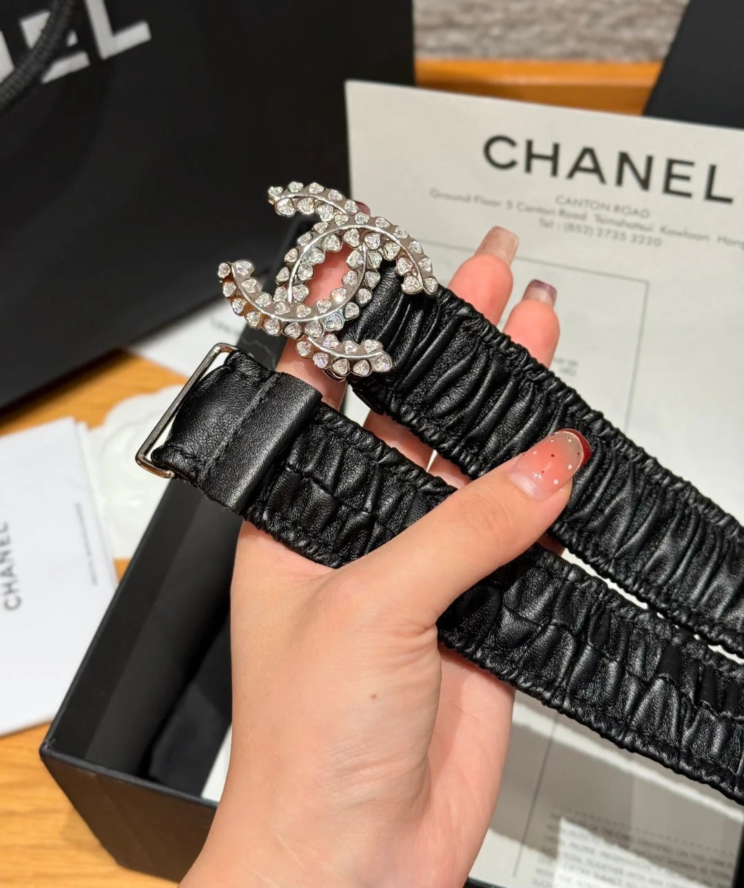 CC Elastic Waist Belt 3.0CM Black Calfskin Sliver Diamond Buckle 195955