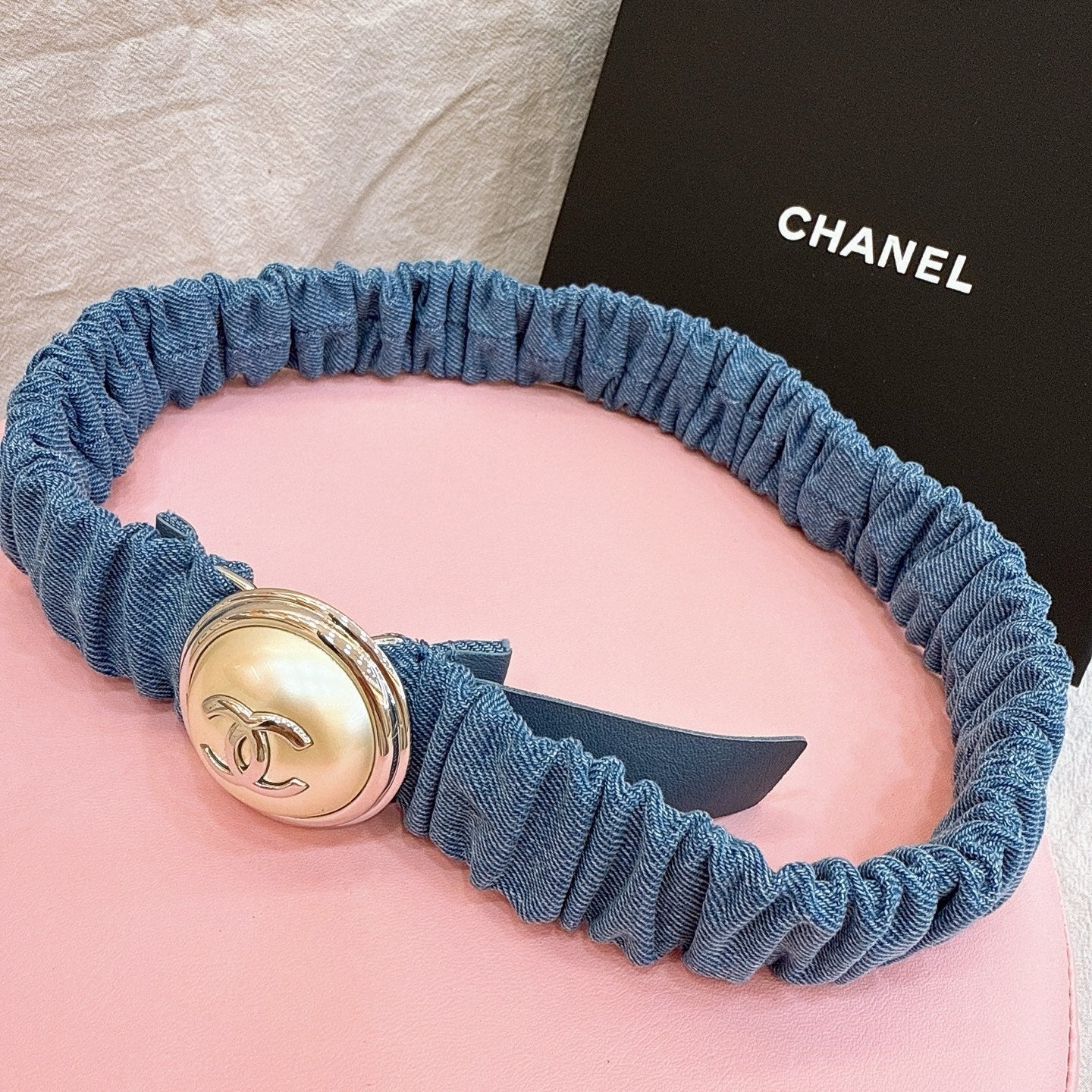 CC Elastic Waist Belt 3.0CM Blue Denim Gold Buckle 196835