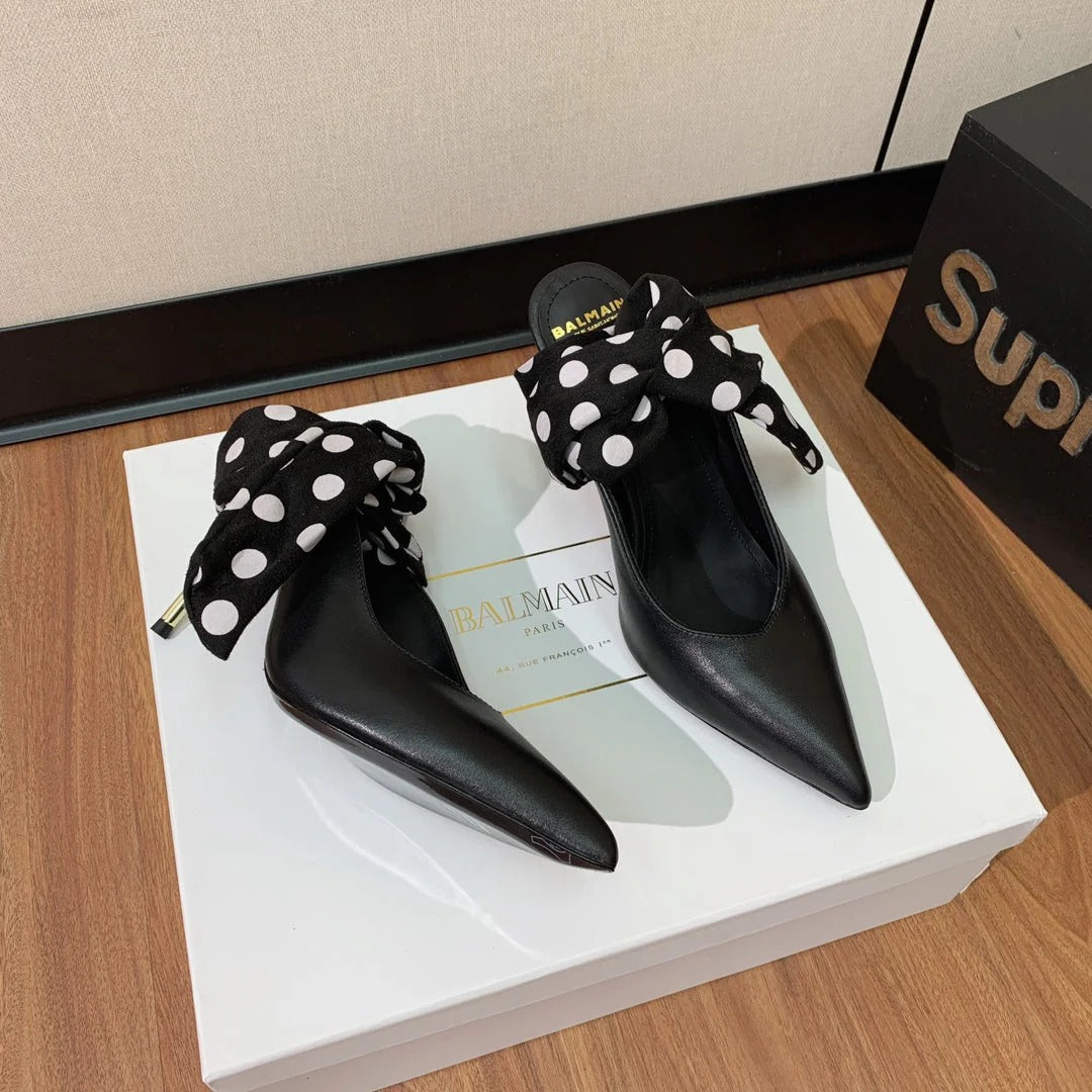 BALMAIN 25S BAKARI MULE WITH MONOCHROME POLKA DOT STRAP 95MM IN BLACK CALFSKIN
