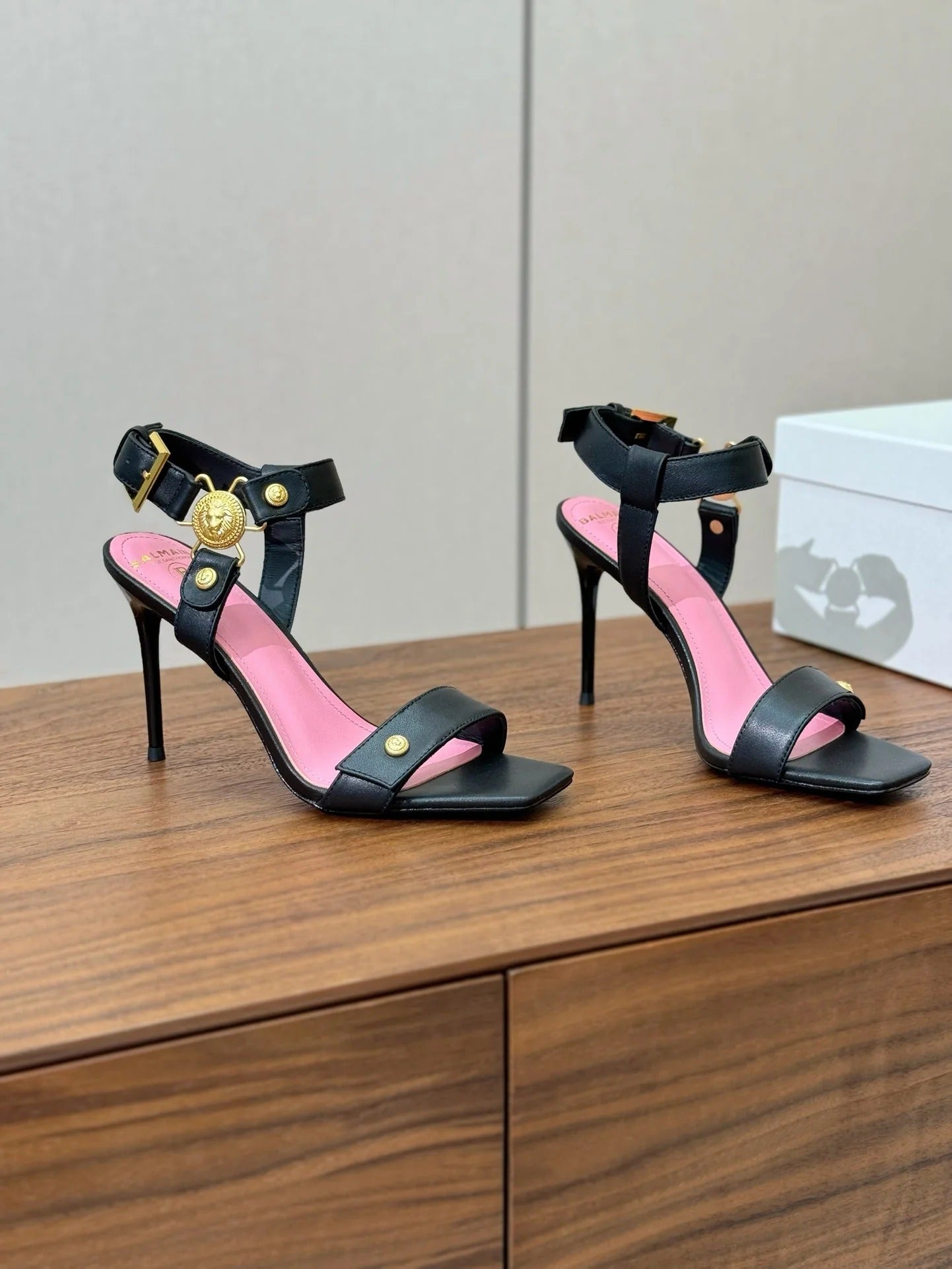 BALMAIN 25S HEELED EVA SANDALS 95MM IN BLACK AND PINK CALFSKIN