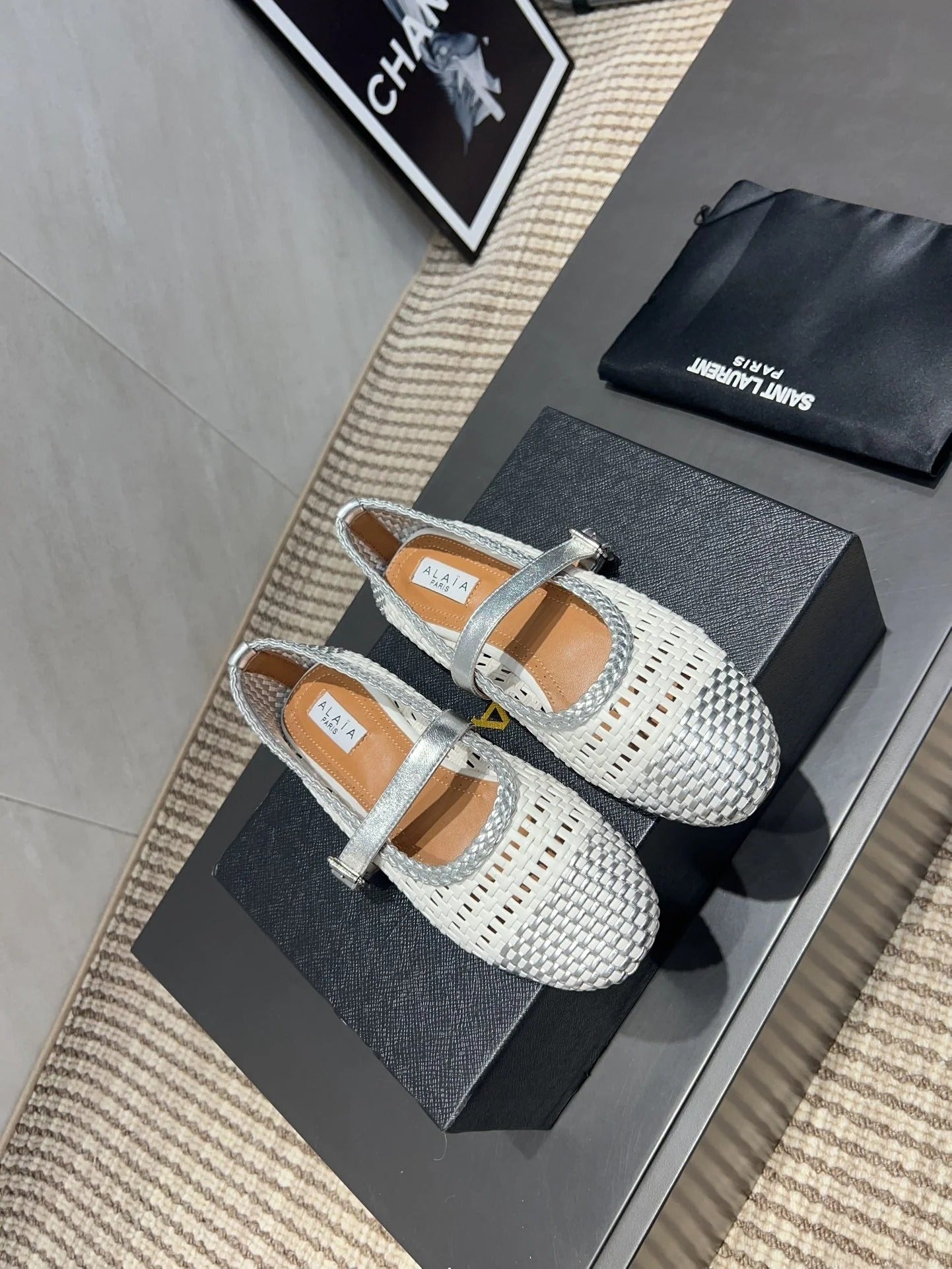 Alaia Mary Jane Flats Woven Pattern 25s In White Mix Grey Calfskin