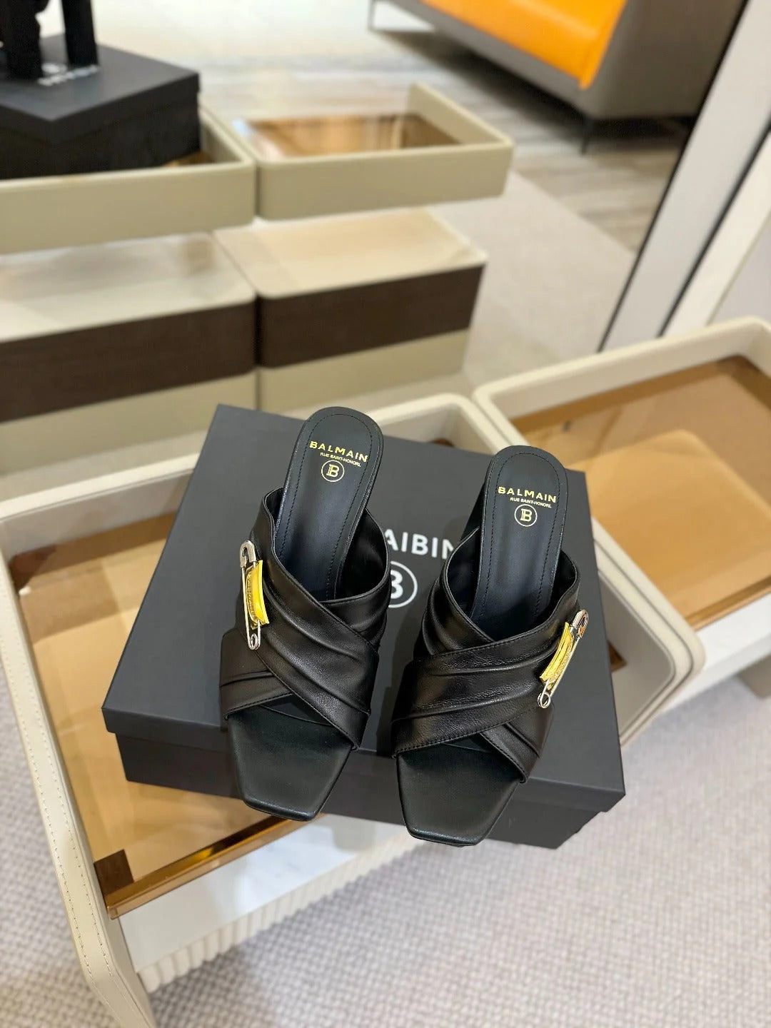 BALMAIN 25S WEDGE HEEL SANDALS 100MM IN BLACK CALFSKIN