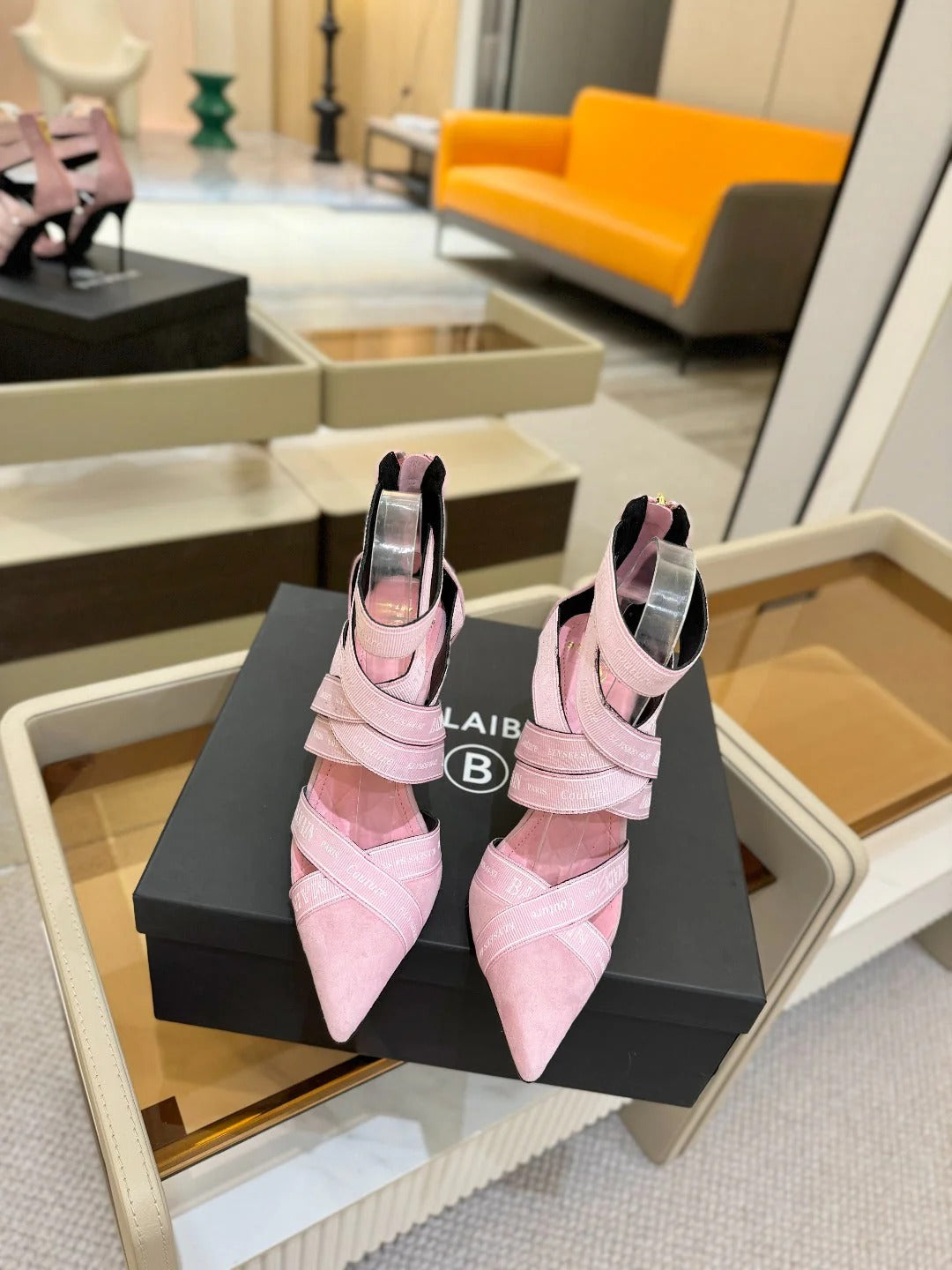 BALMAIN 25S HIGH HEELS LOGO RIBBON 95MM IN PINK SUEDE