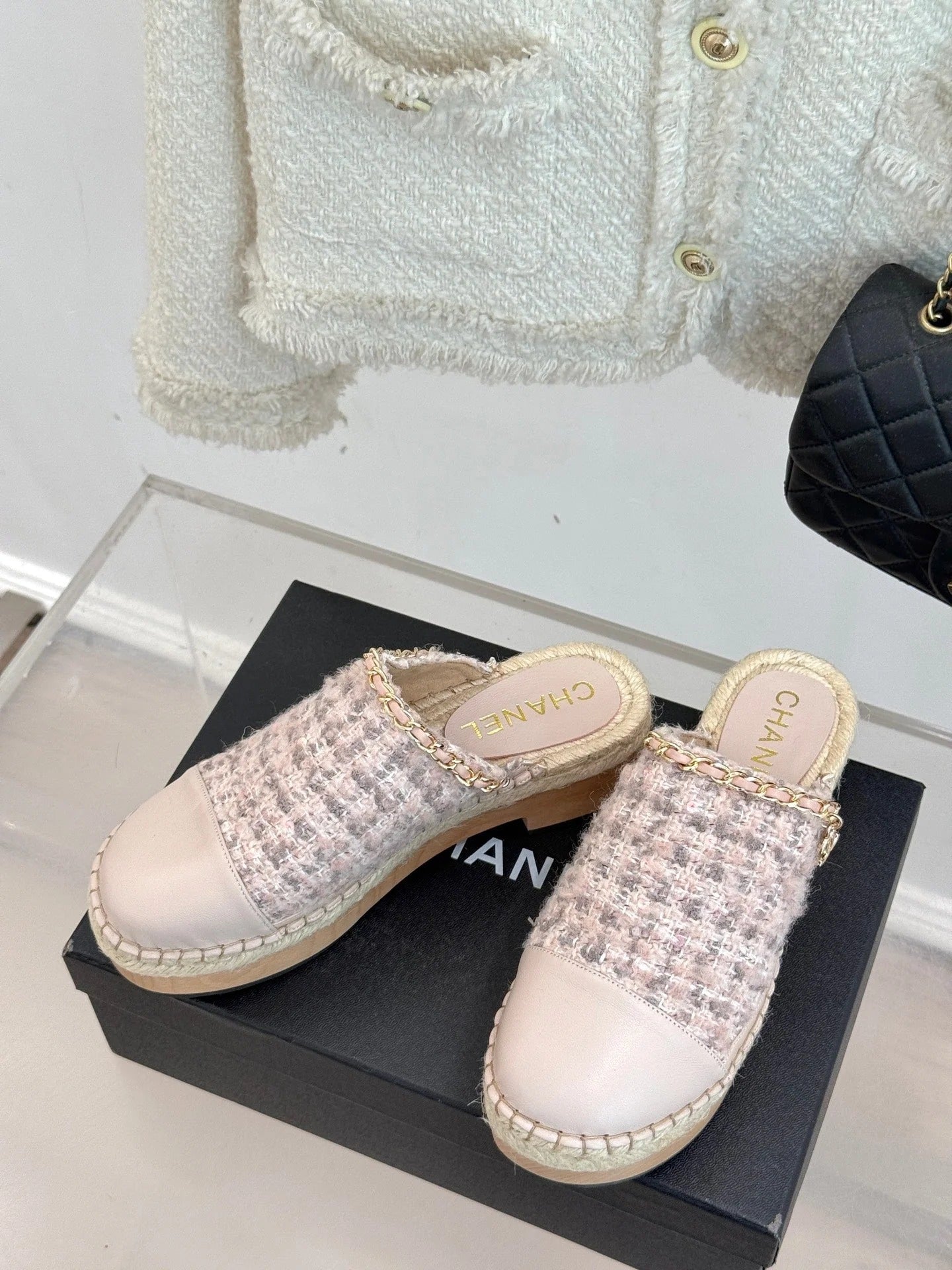 CC Mules 25ss 30 Mm In Pastel Pink Lambskin Mix Tweed