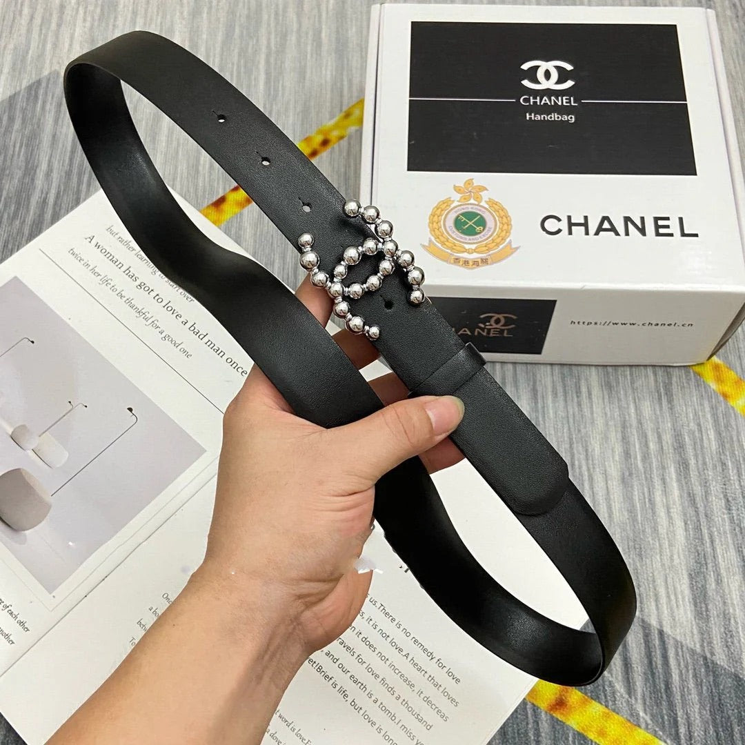 CC Women's Belt 3.0CM Black Cowhide Sliver Buckle 586506