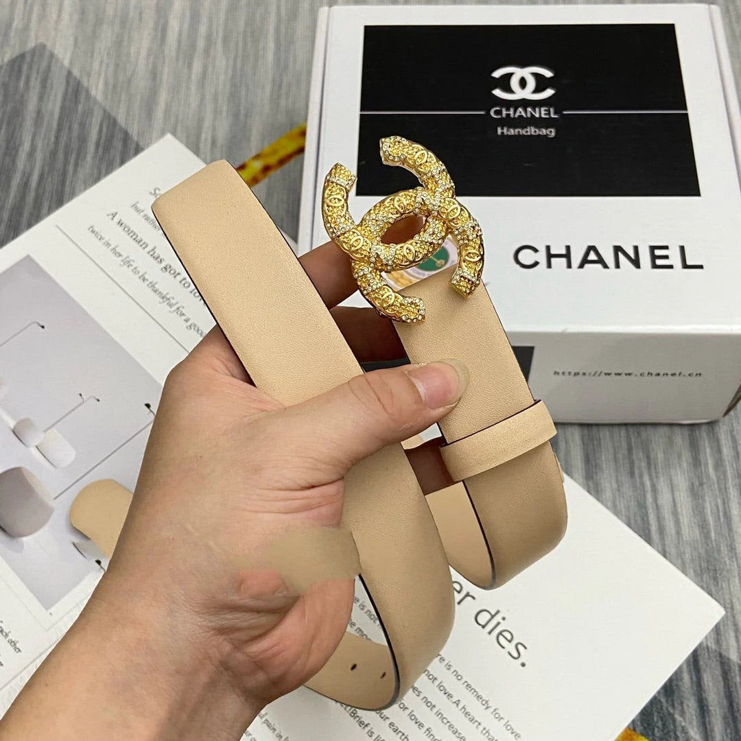 CC Women's Belt 3.0CM Beige Cowhide Gold Buckle 586526