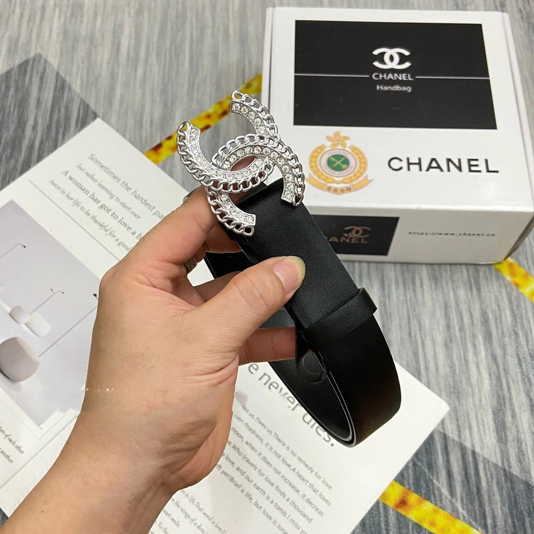 CC Women's Belt 3.0CM Black Cowhide Sliver Diamond Buckle 586508