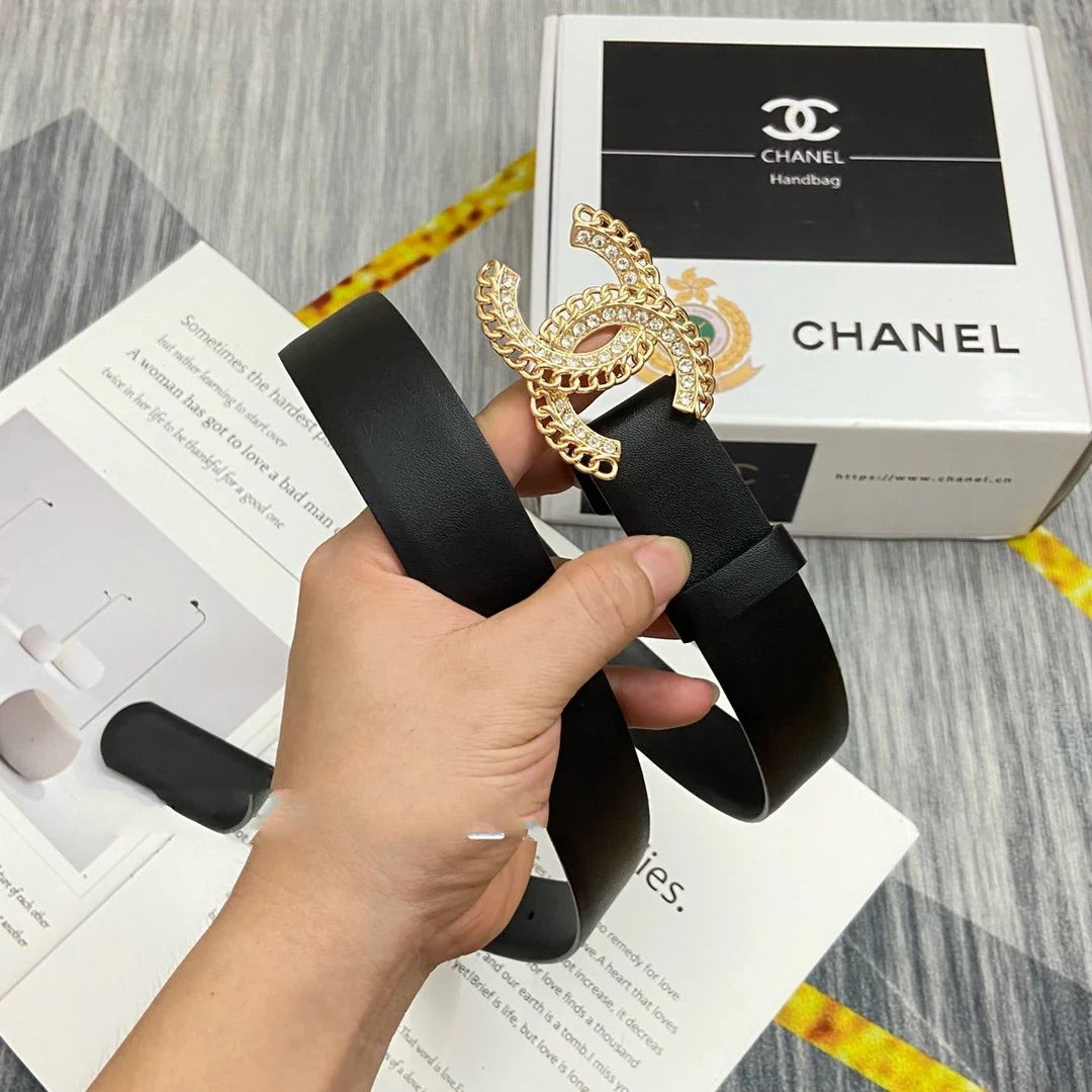 CC Women's Belt 3.0CM Black Cowhide Gold Diamond Buckle 586509