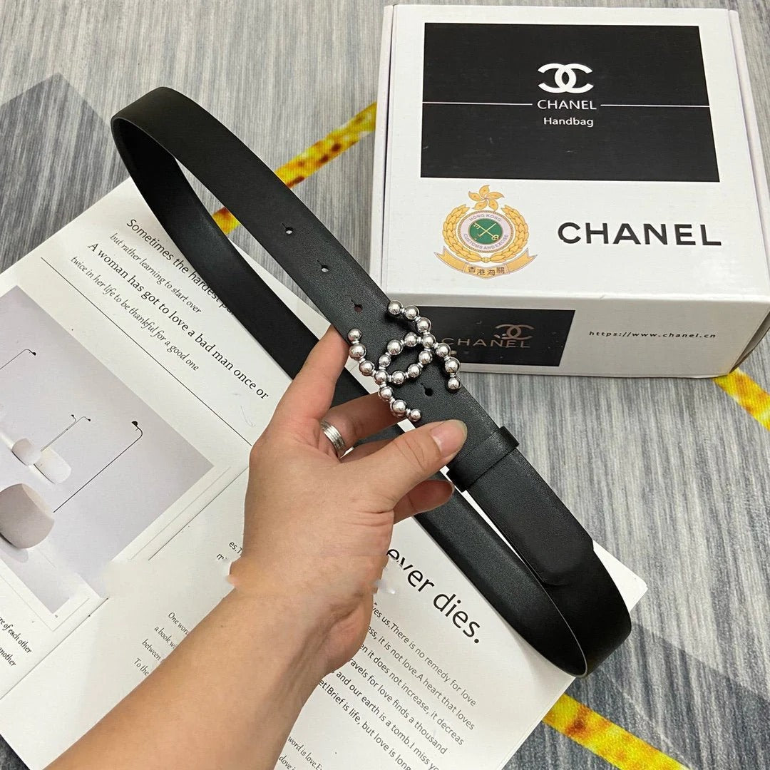 CC Women's Belt 3.0CM Black Cowhide Sliver Buckle 586506