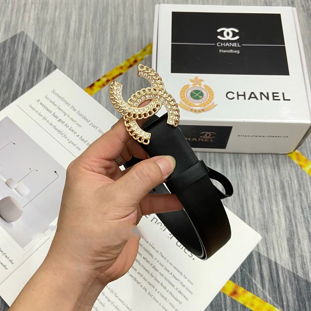 CC Women's Belt 3.0CM Black Cowhide Gold Diamond Buckle 586509