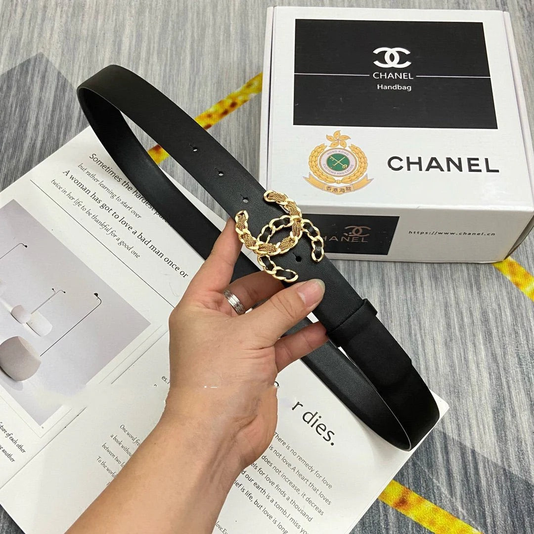 CC Women's Belt 3.0CM Black Cowhide Black Gold Buckle 586511