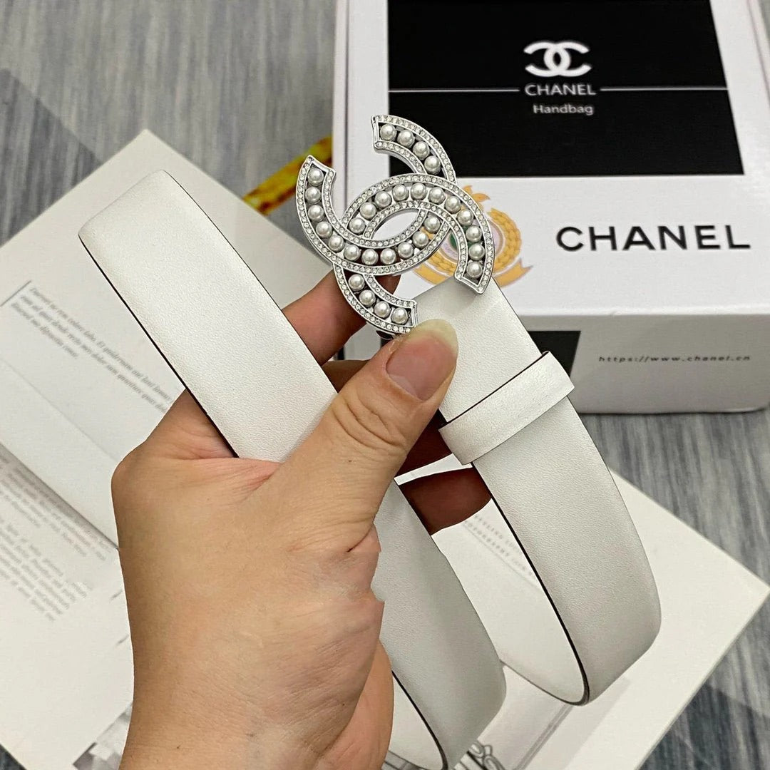 CC Women's Belt 3.0CM White Cowhide Sliver Pearl Buckle 586520