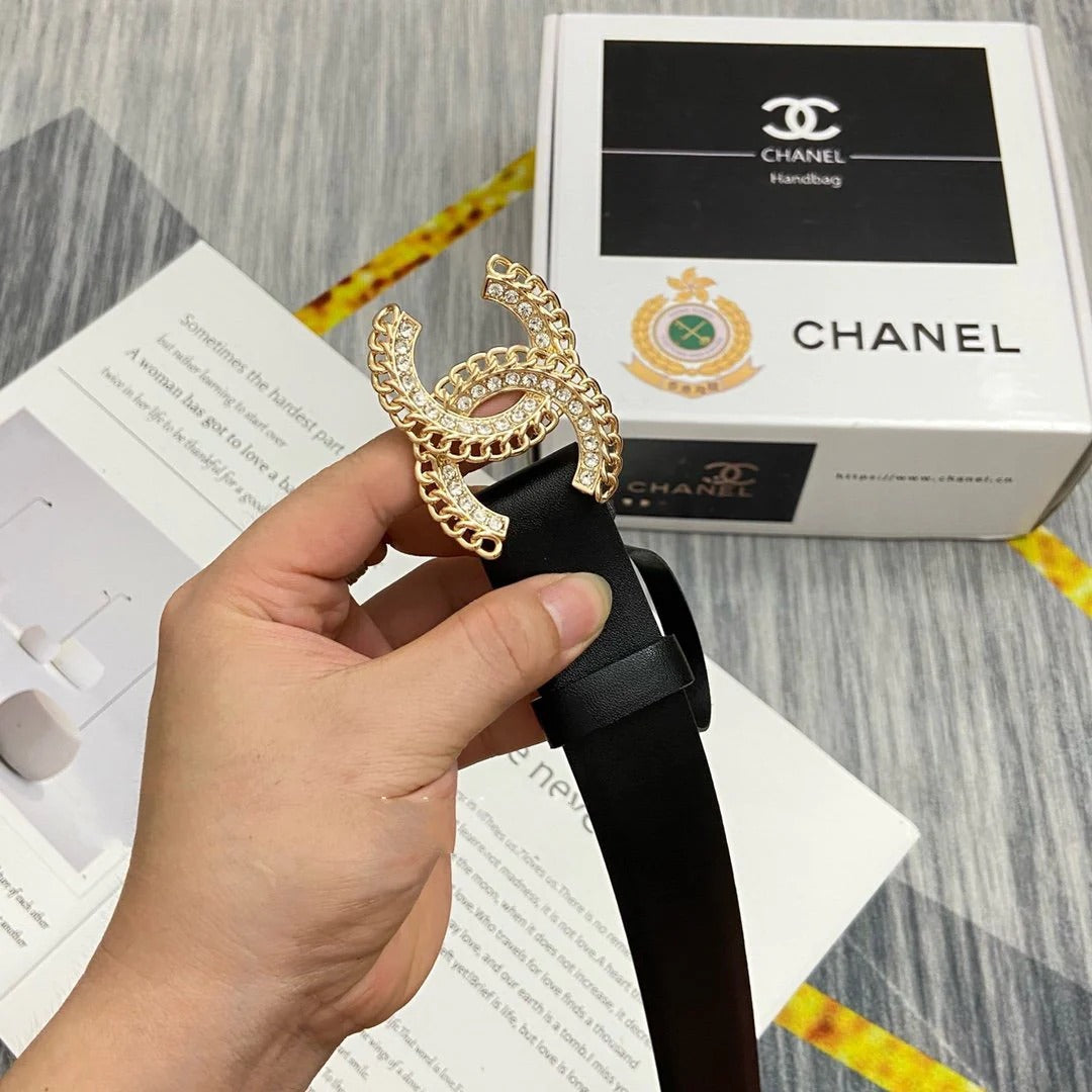 CC Women's Belt 3.0CM Black Cowhide Gold Diamond Buckle 586509