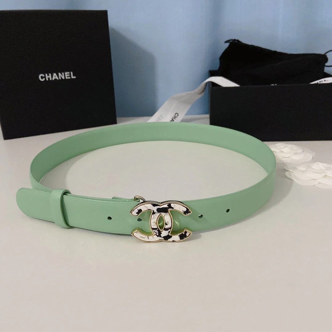 CC Women's Belt 3.0CM Light Green Cowhide White Black Buckle 597644