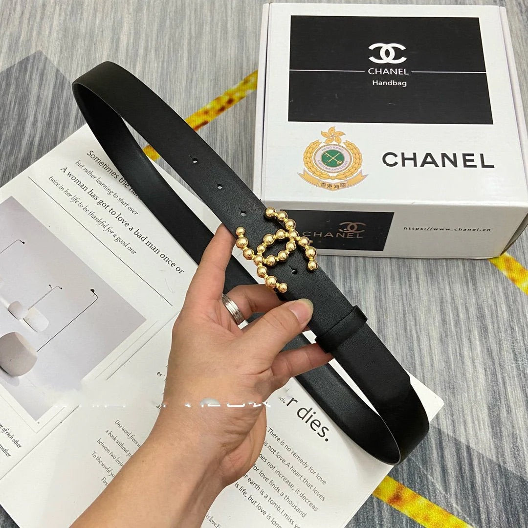 CC Women's Belt 3.0CM Black Cowhide Gold Buckle 586507