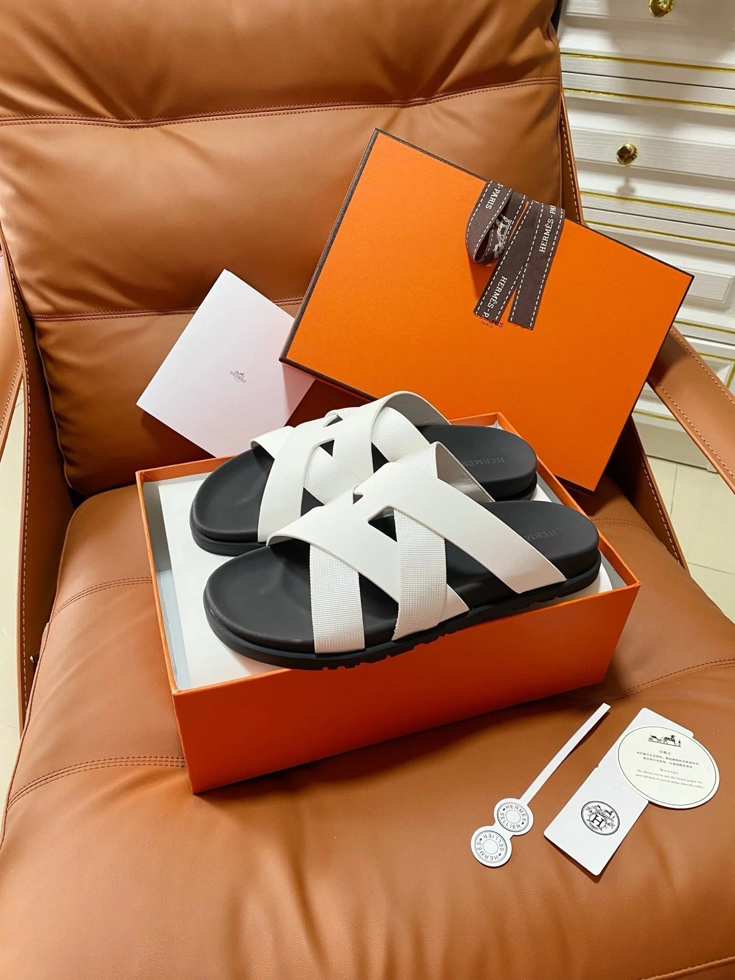 HM 2026 Cross Sandals White Canvas Calfskin 667285