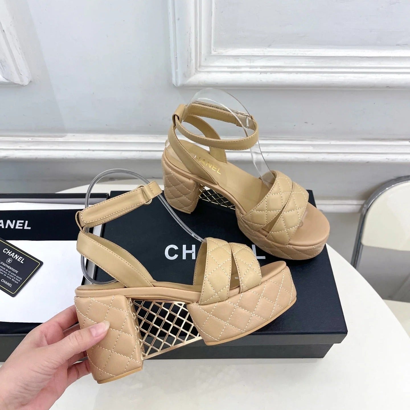 CC 26s HighHeeled Platform Sandals 85 Beige Sheepskin 631869