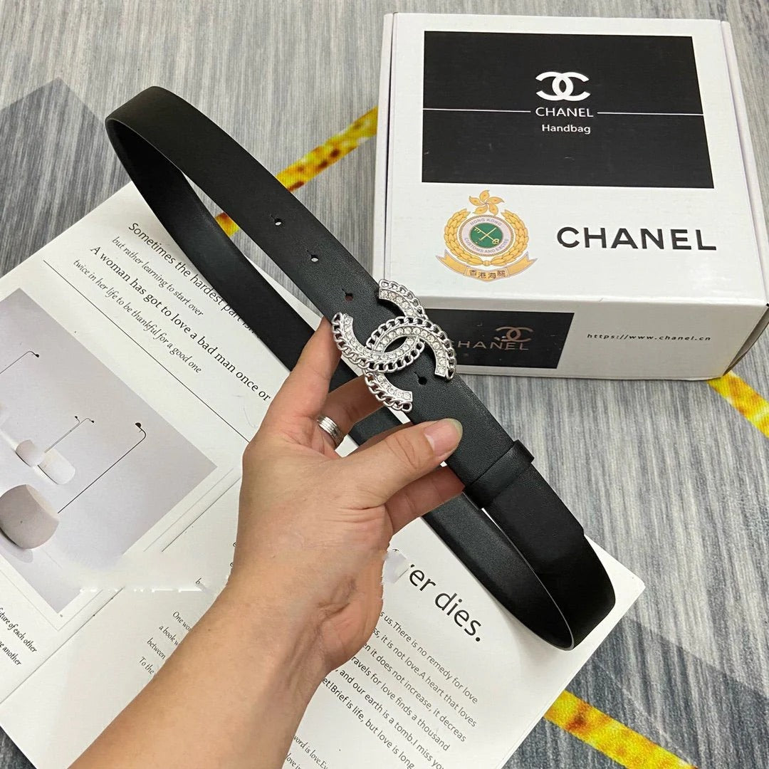 CC Women's Belt 3.0CM Black Cowhide Sliver Diamond Buckle 586508