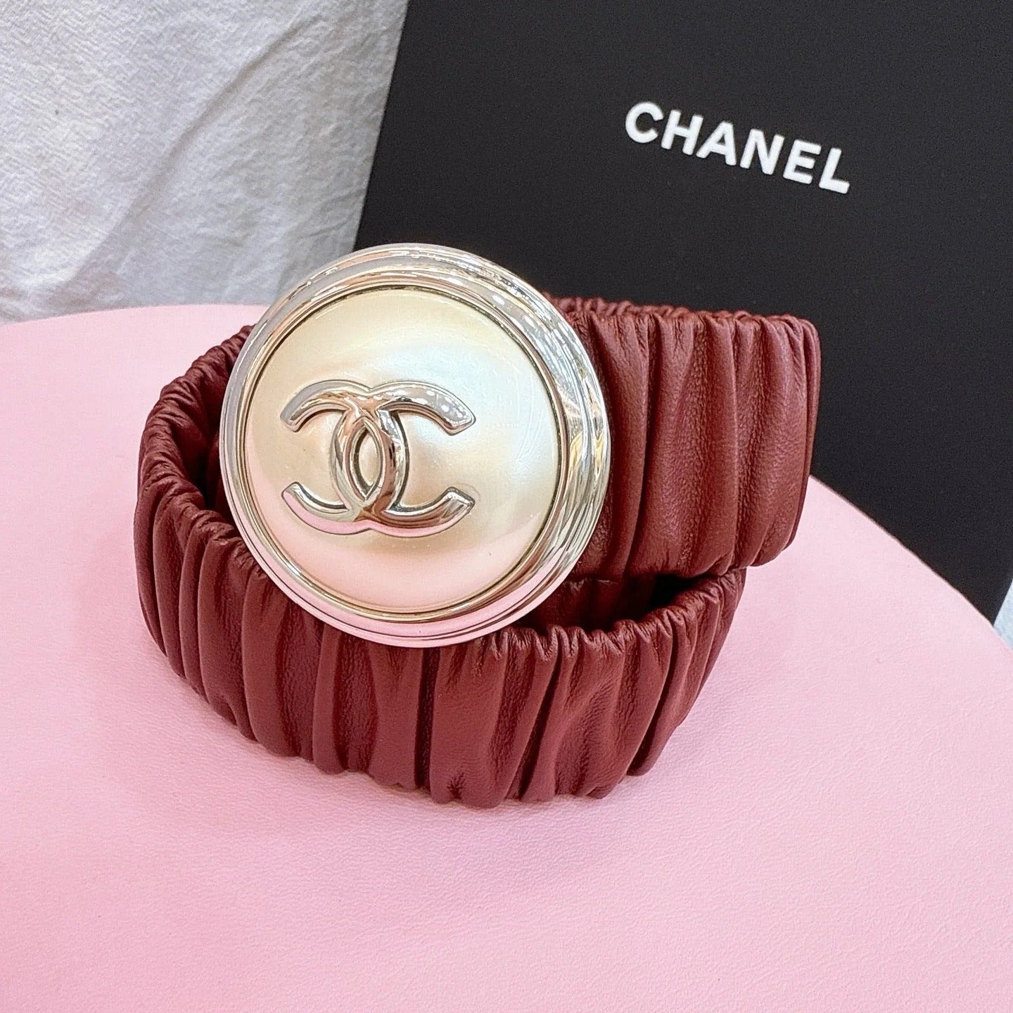 CC Elastic Waist Belt 3.0CM Red Calfskin Gold Buckle 196838