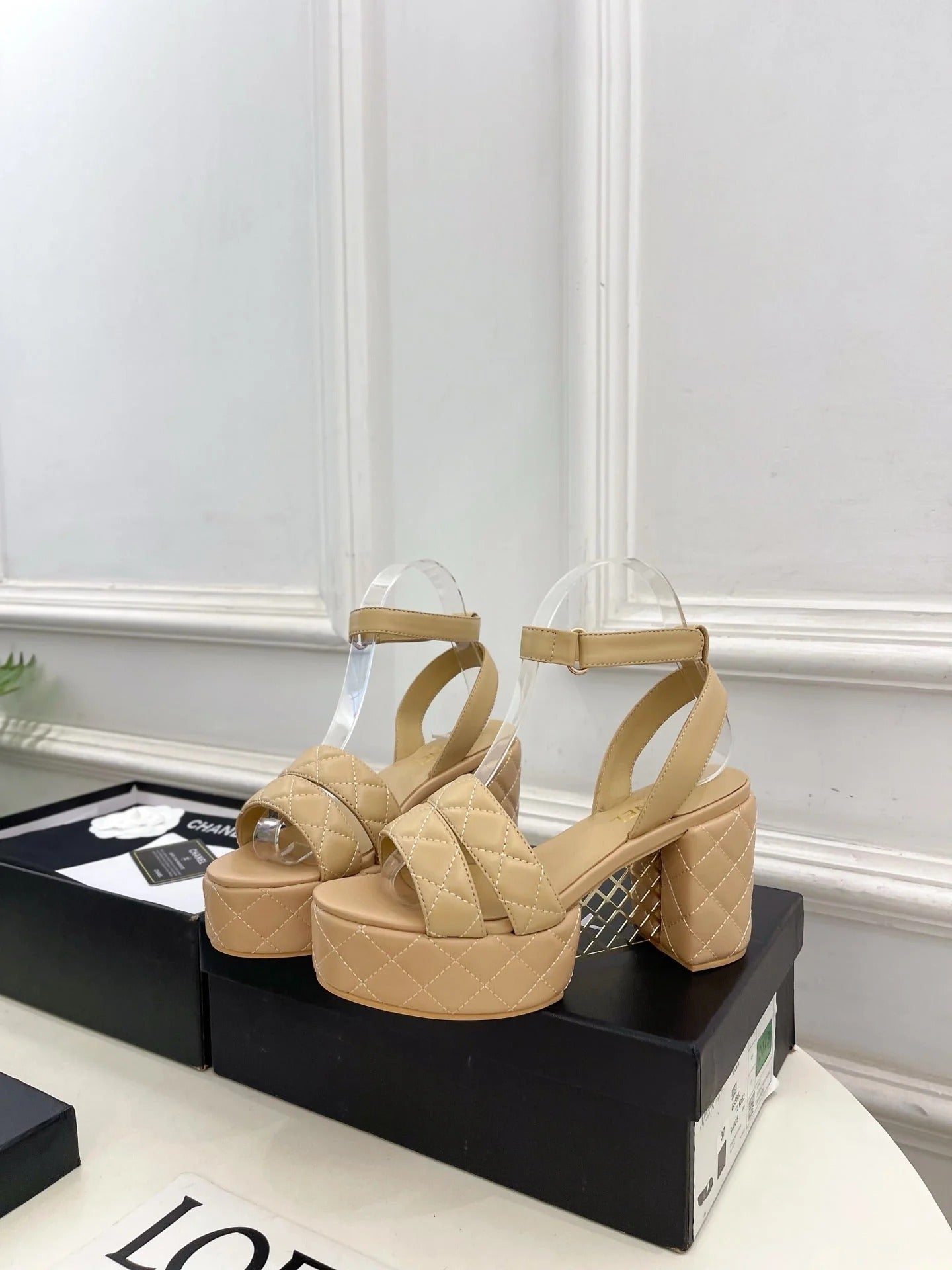 CC 26s HighHeeled Platform Sandals 85 Beige Sheepskin 631869