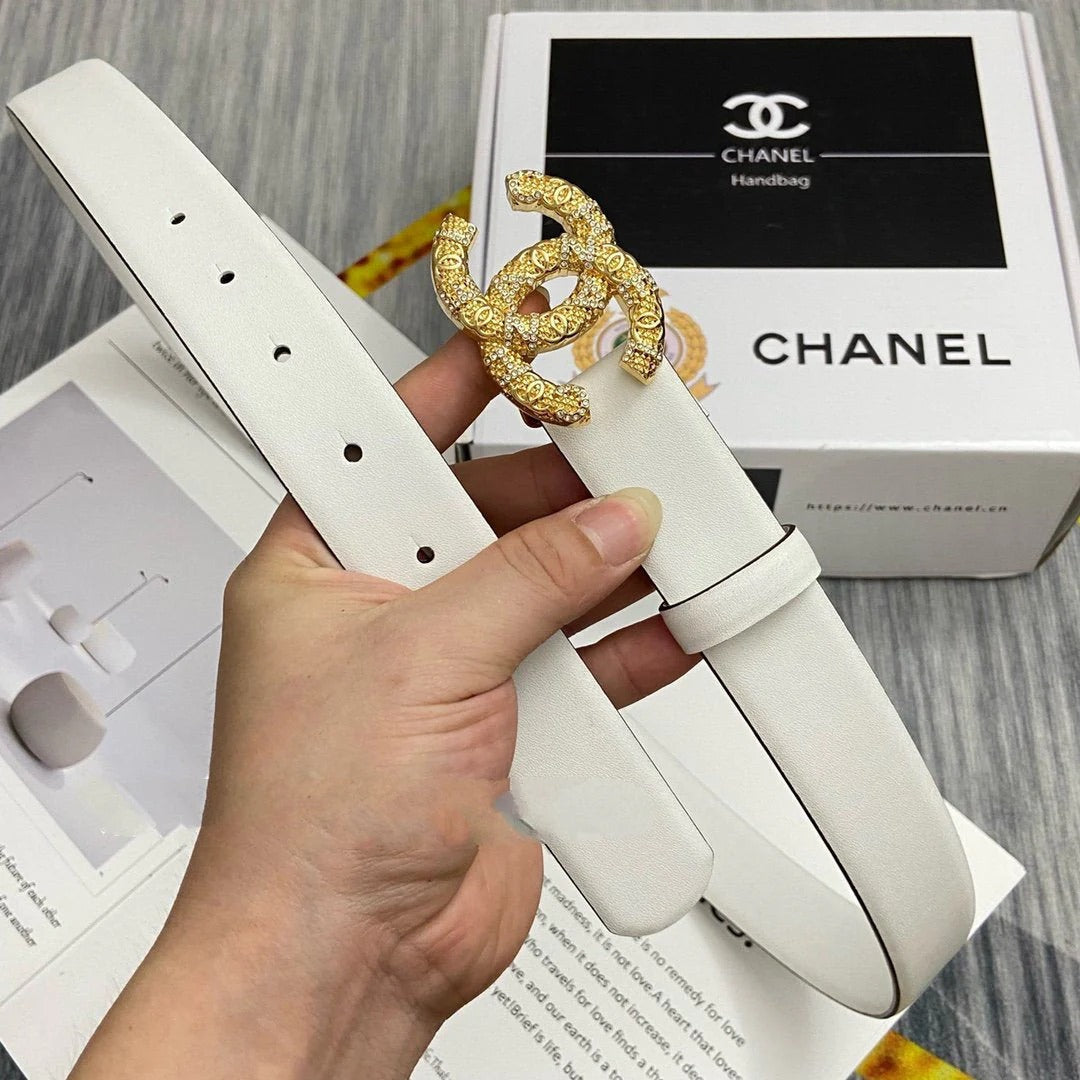 CC Women's Belt 3.0CM White Cowhide Gold Buckle 586527