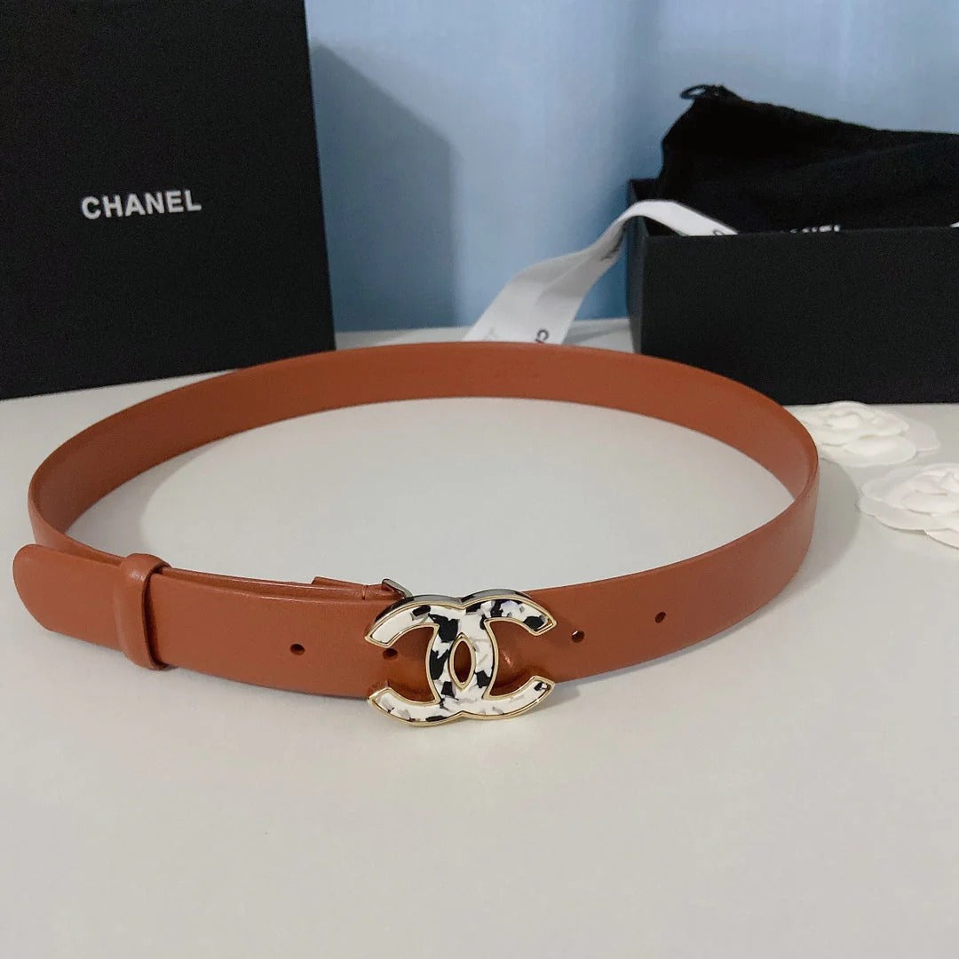 CC Women's Belt 3.0CM Brown Calfskin White Black Buckle 597643