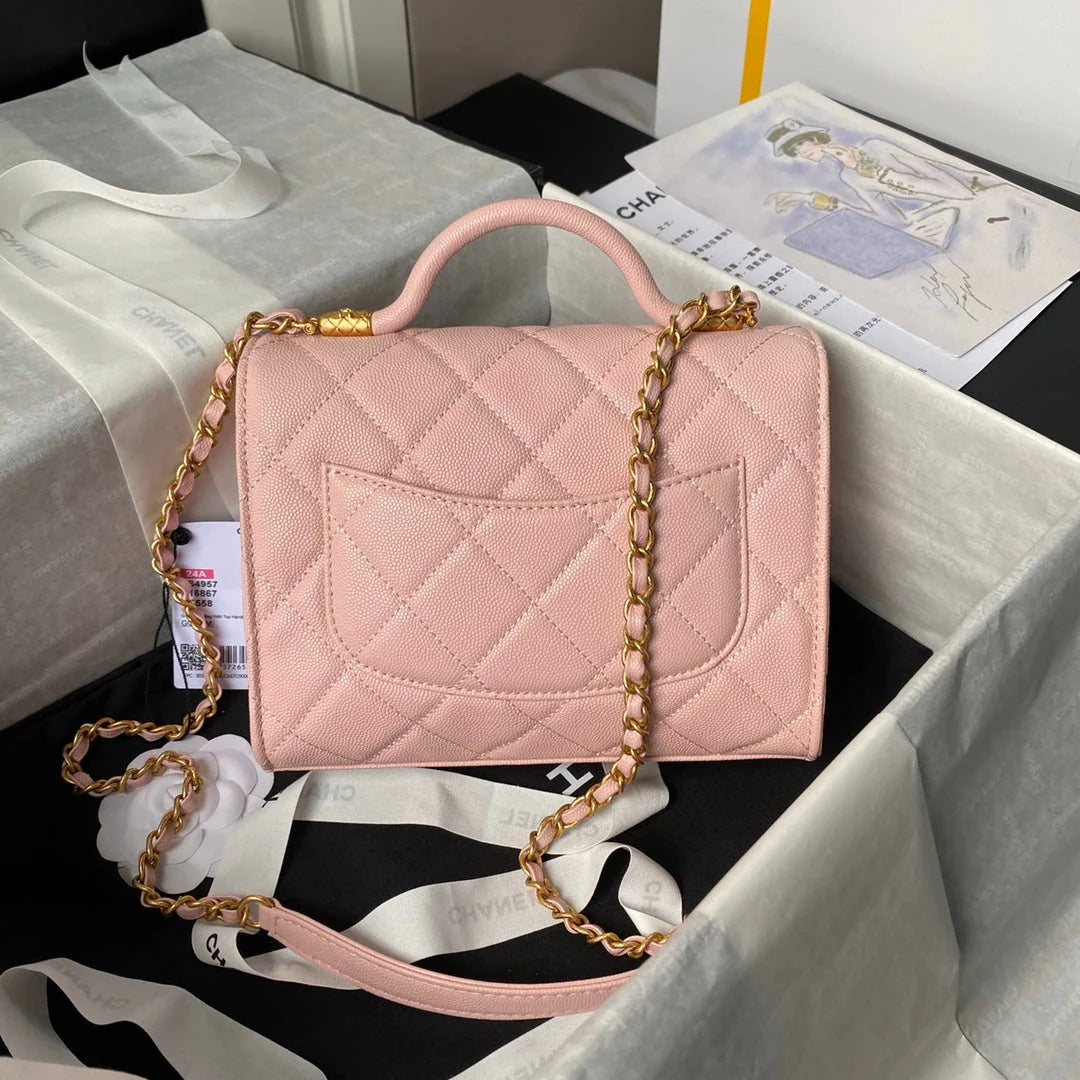 CC 25S FLAP BAG 21 CM IN LIGHT PINK GRAINED LAMBSKIN WITH TOP HANDLE