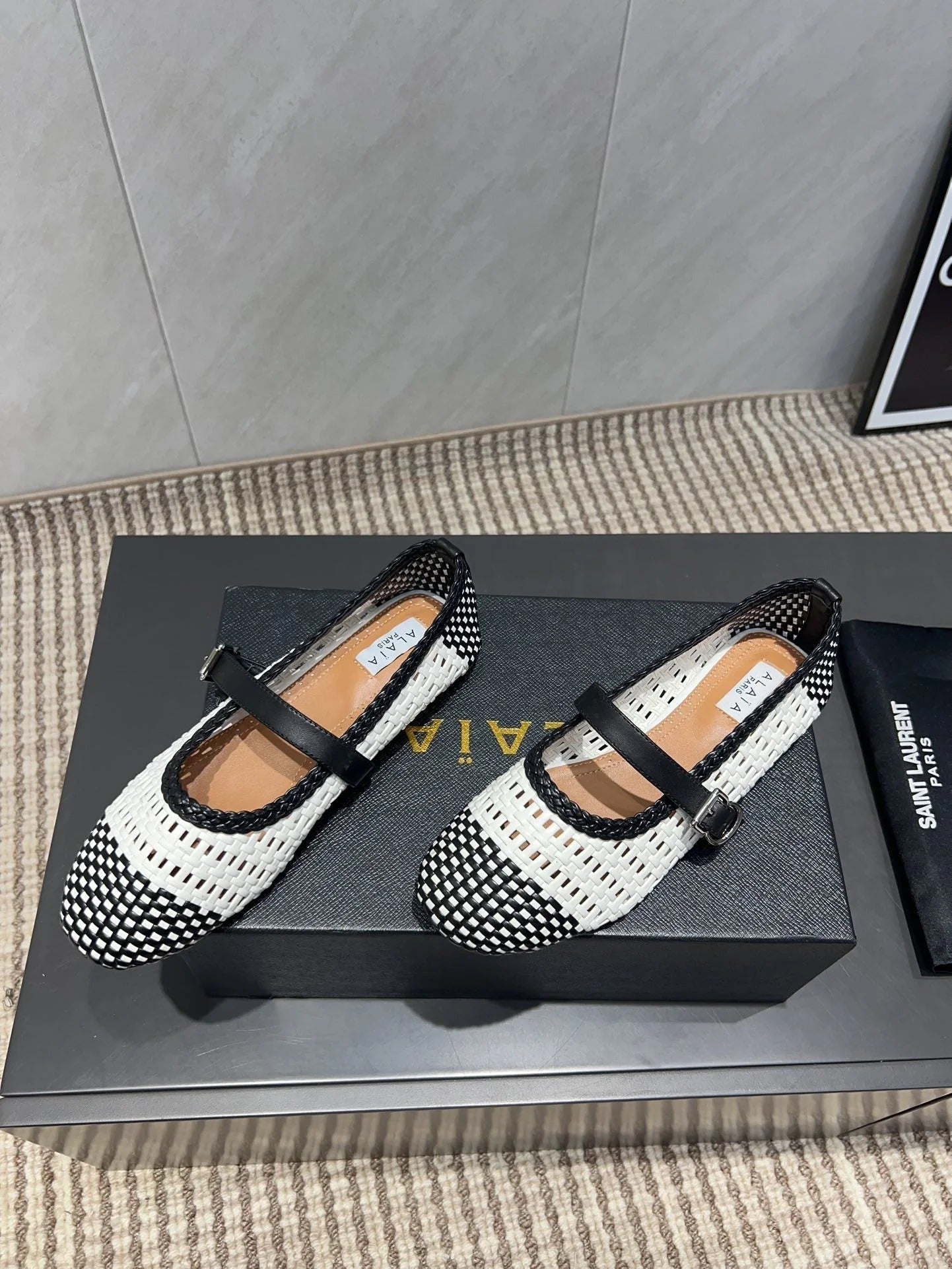 Alaia Mary Jane Flats Woven Pattern 25s In White Mix Black Calfskin