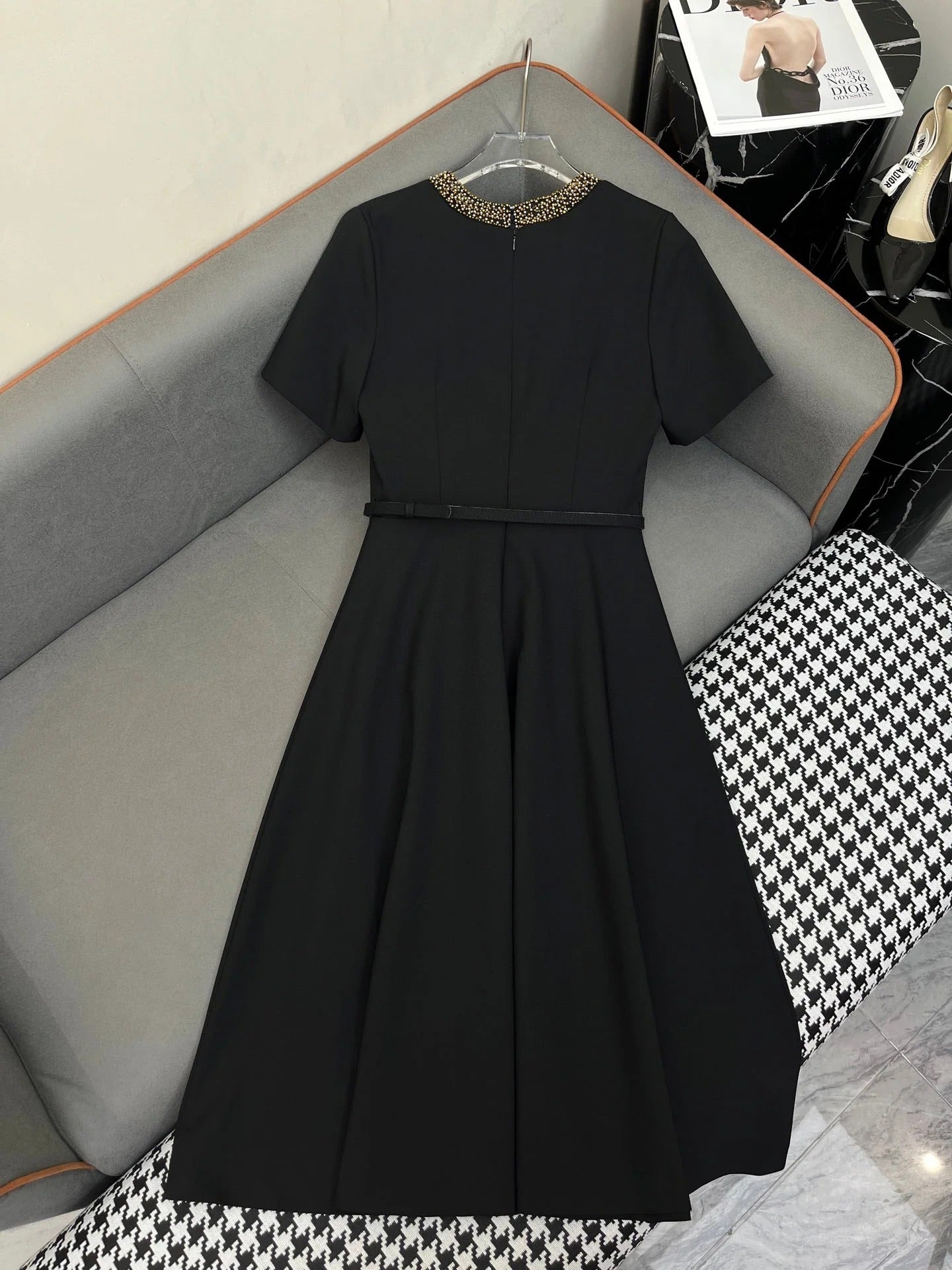 DIOR DRESS WITH BELT AND METAL-EMBELLISHED COLLAR 219281