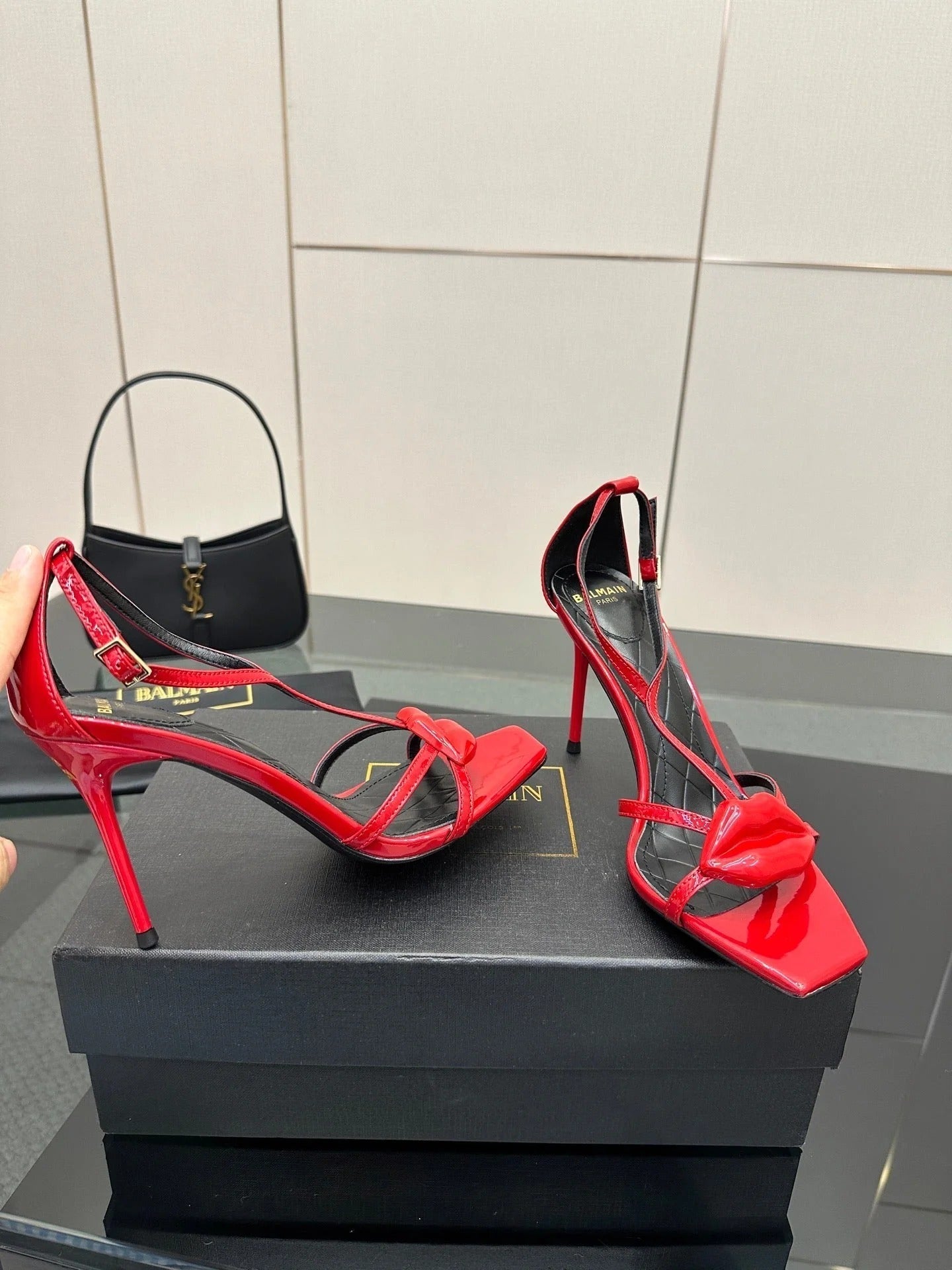 BALMAIN 25S LIPS SANDALS 10 IN CRIMSON RED CALFSKIN