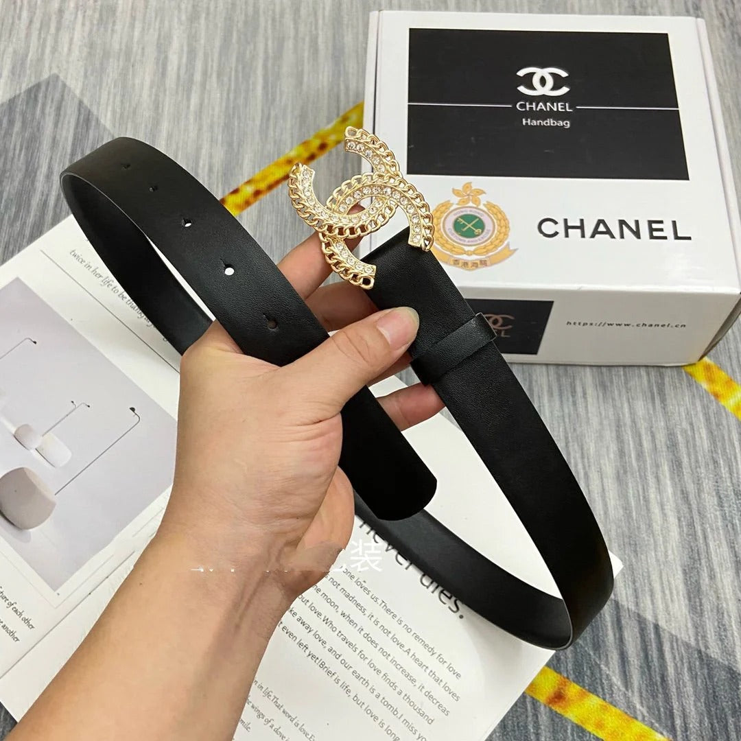 CC Women's Belt 3.0CM Black Cowhide Gold Diamond Buckle 586509