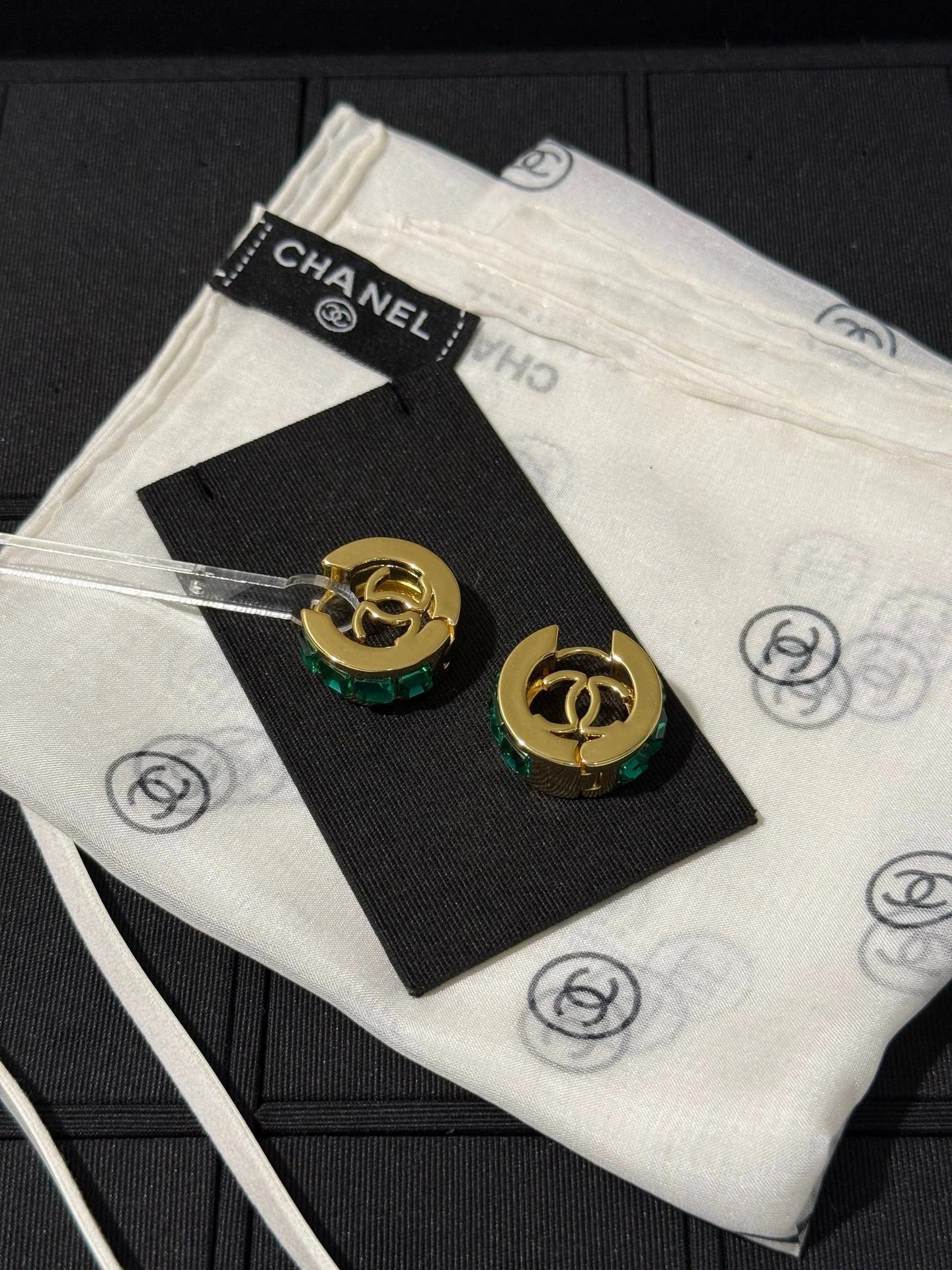 Chanel 2026 Emerald Square Diamond Gold Double C Hoop Earrings Stud Earrings